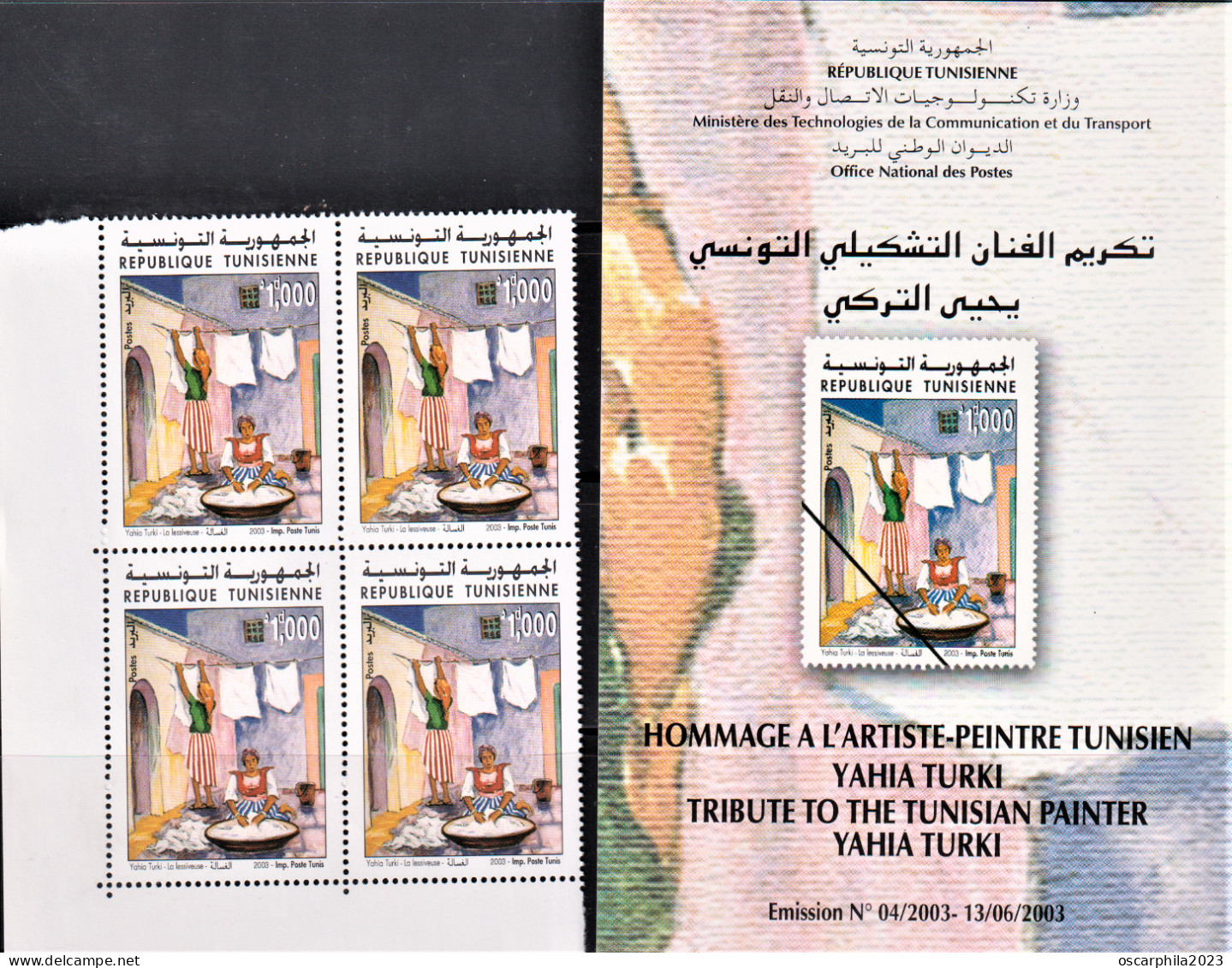 2003-Tunisie/Y&T1481-Hommage A L'artiste-Peintre Tunisien Yahia Turki-"La Lessiveuse" Bloc 4  4V/MNH*****+ Prospectus - Moderni
