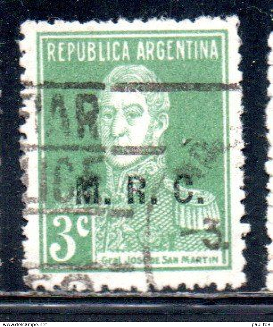 ARGENTINA 1923 1931 OFFICIAL DEPARTMENT STAMP OVERPRINTED M.R.C. MINISTRY OF FOREIGN AFFAIRS RELIGION MRC 3c USED USADO - Officials