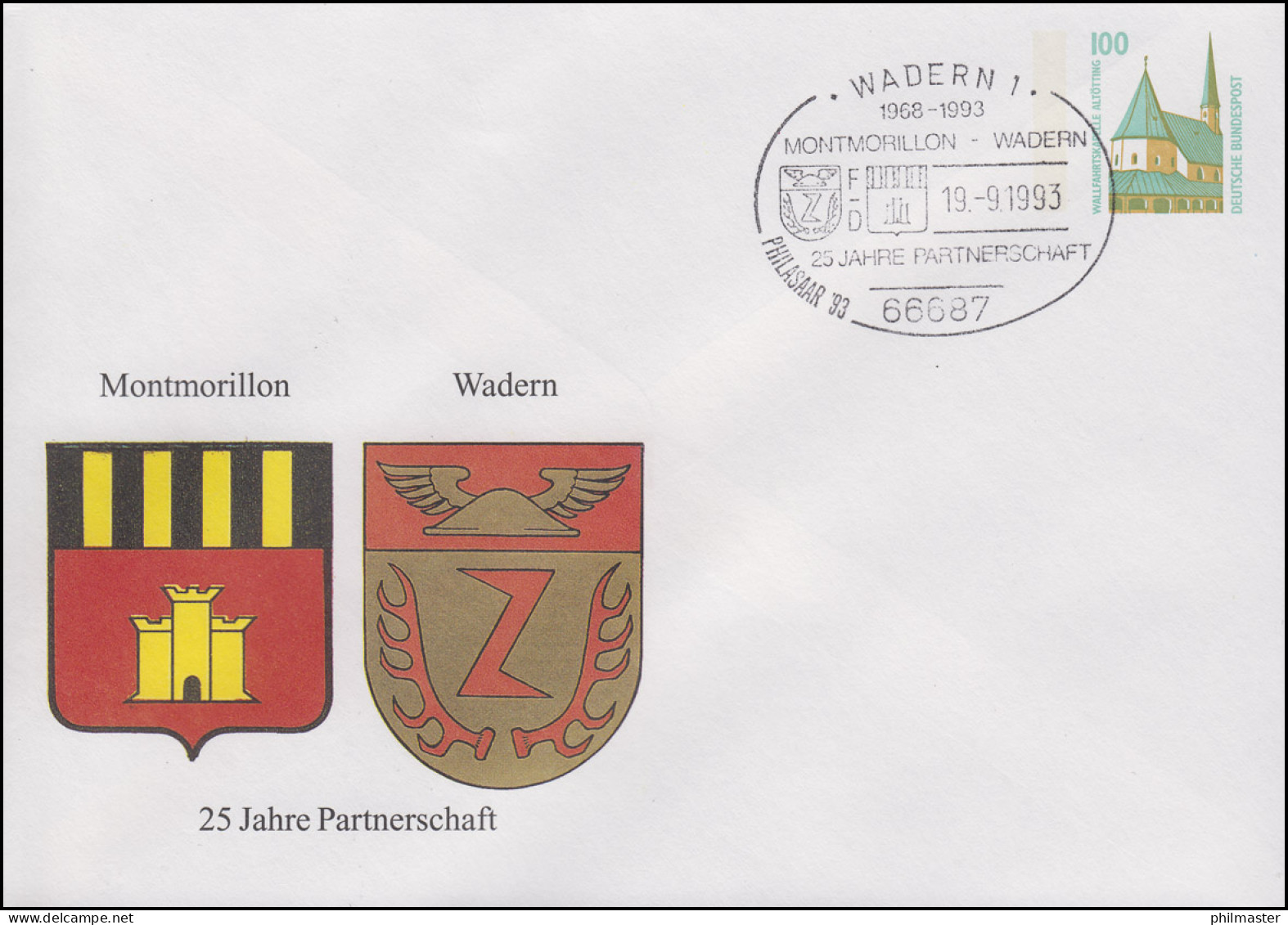PU 290 Städtepartnerschaft Montmorillon - Wadern, SSt Wadern PHILSAAR 19.9.1993 - Enveloppes Privées - Neuves