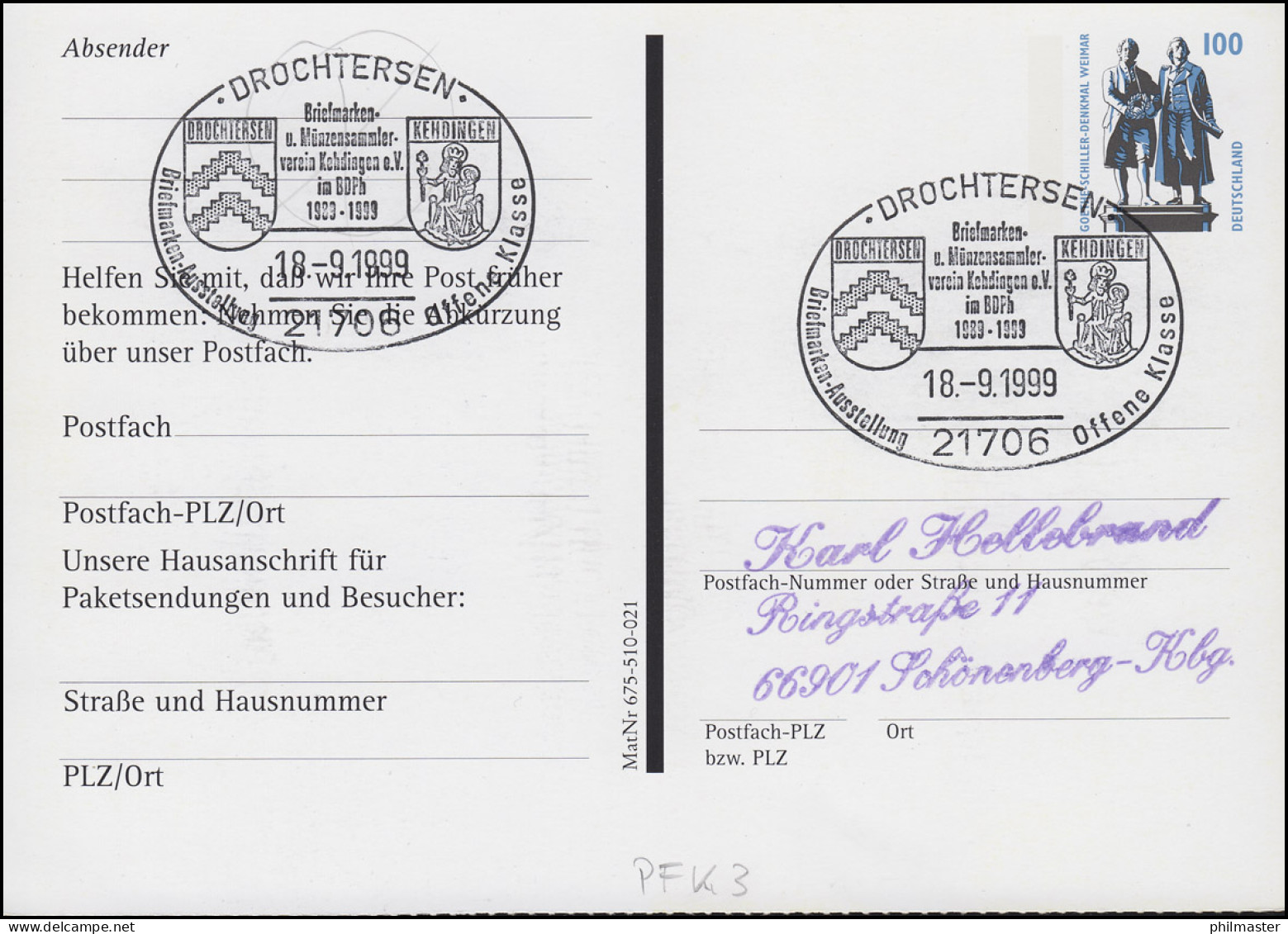 Postfach-PK PFK 3 SWK Großer Wecker SSt DROCHTENSEN 18.9.1999 Nach Schönenberg - Andere & Zonder Classificatie