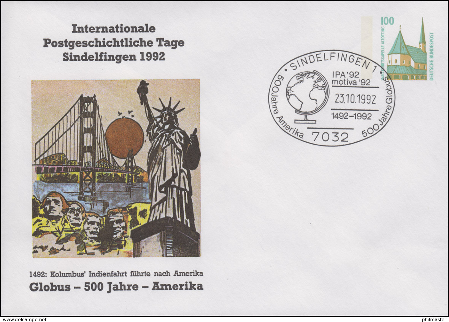 PU 290 Postgeschichtliche Tage Sindelfingen, SSt Sifi Globus Amerika 23.10.1992 - Sobres Privados - Nuevos