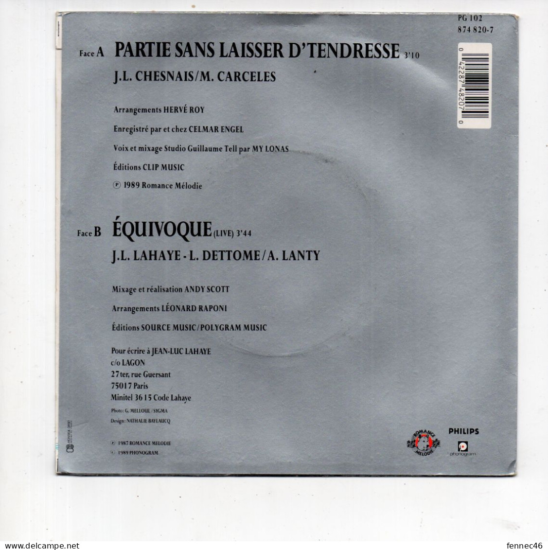 * Vinyle  45T - Jean-Luc Lahaye - Partie Sans Laisser D'tendresse / Equivoque - Altri - Francese