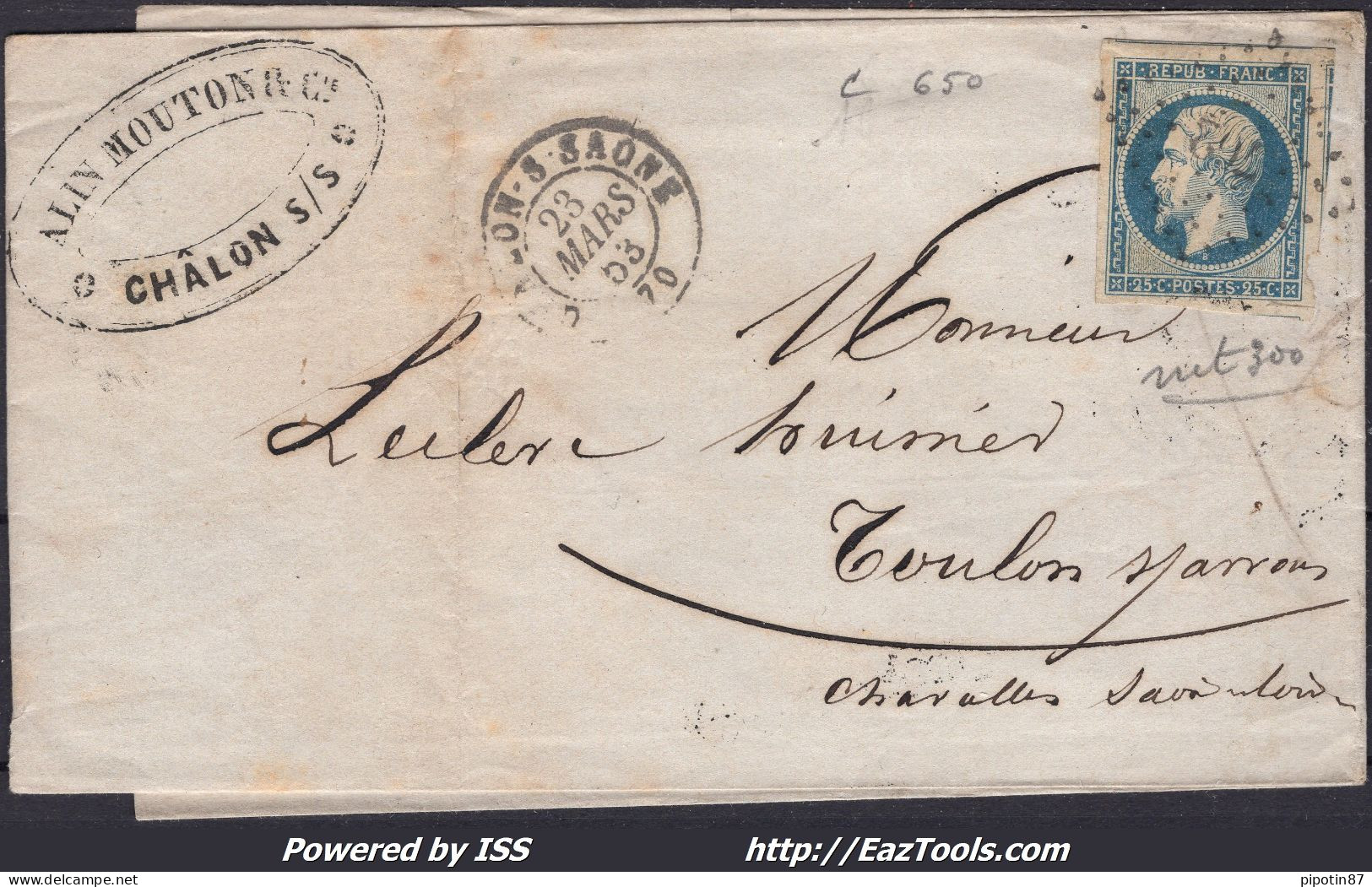 FRANCE N° 10 SUR LETTRE AVEC PC 702 CHALONS SUR SAONE + CAD DU 23/03/1853 - 1852 Louis-Napoleon