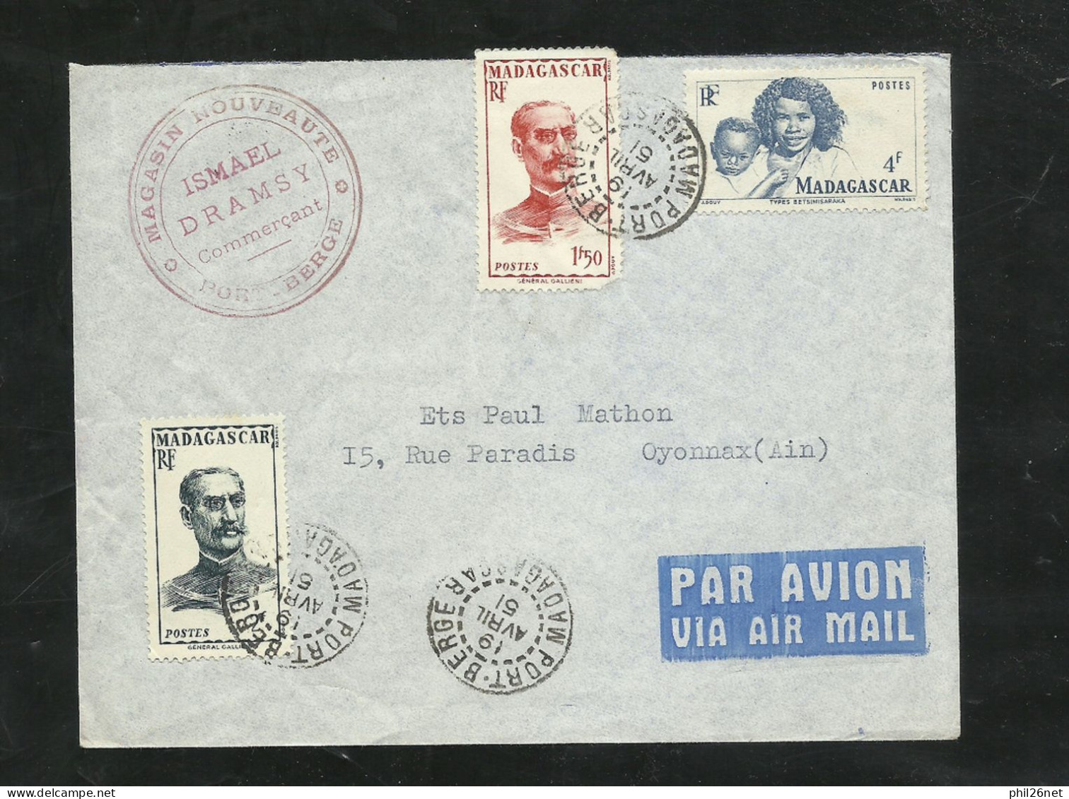 Madagascar Lettre Par Avion Port Berge Le 19/04/1951 Pour Oyonnax  N°308;309 Et 312   B/TB Voir Scans Soldé ! ! ! - Covers & Documents