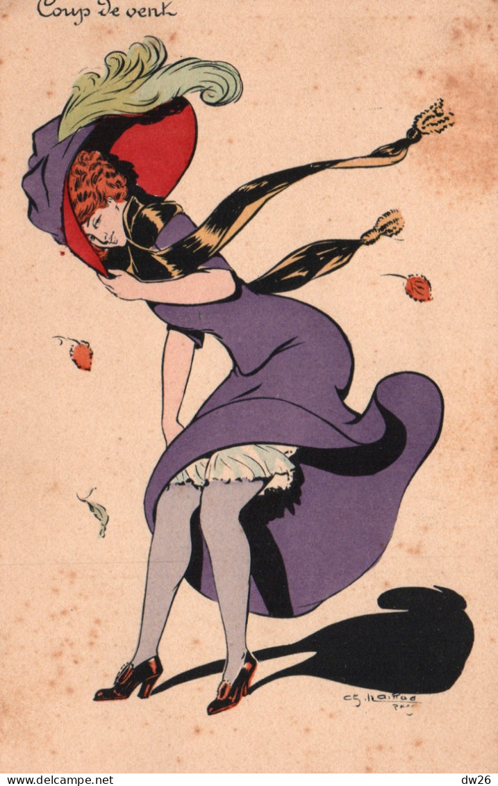 Illustration Ch. Naillod - Coup De Vent, Femme Au Grand Chapeau - Série 123/4 - Carte Non Circulée - Naillod