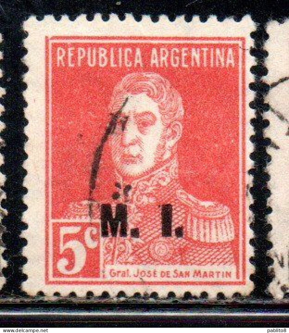 ARGENTINA 1923 1931 OFFICIAL DEPARTMENT STAMP OVERPRINTED M.I. MINISTRY OF INTERIOR MI 5c USED USADO - Dienstmarken