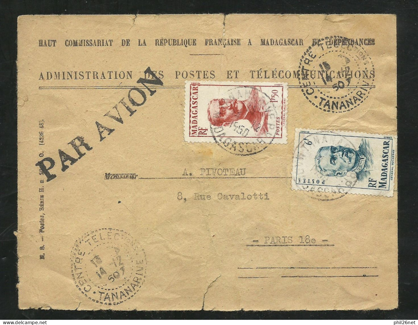 Madagascar Lettre Par Avion De Tananarive Le 14/12/1950 Pour Paris  N°308  Et 314  B/TB Voir Scans Soldé ! ! ! - Storia Postale