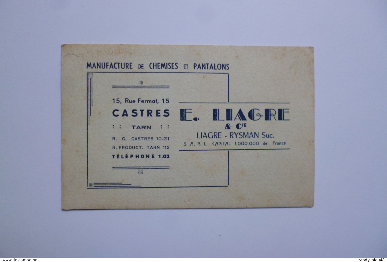 Manufacture De Chemises Et Pantalons E. LIAGRE   -  15 Rue Fermat  -  CASTRES    -  Carte Visite Publicitaire - Cartes De Visite