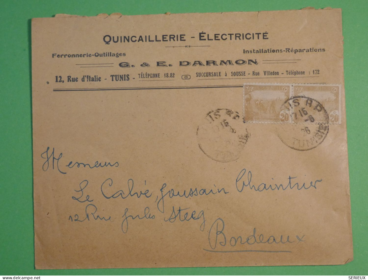 DM 11  TUNISIE     LETTRE PUB  1926  TUNIS   A BORDEAUX FRANCE+PAIRE DE TP  +AFF. INTERESSANT +++ - Briefe U. Dokumente