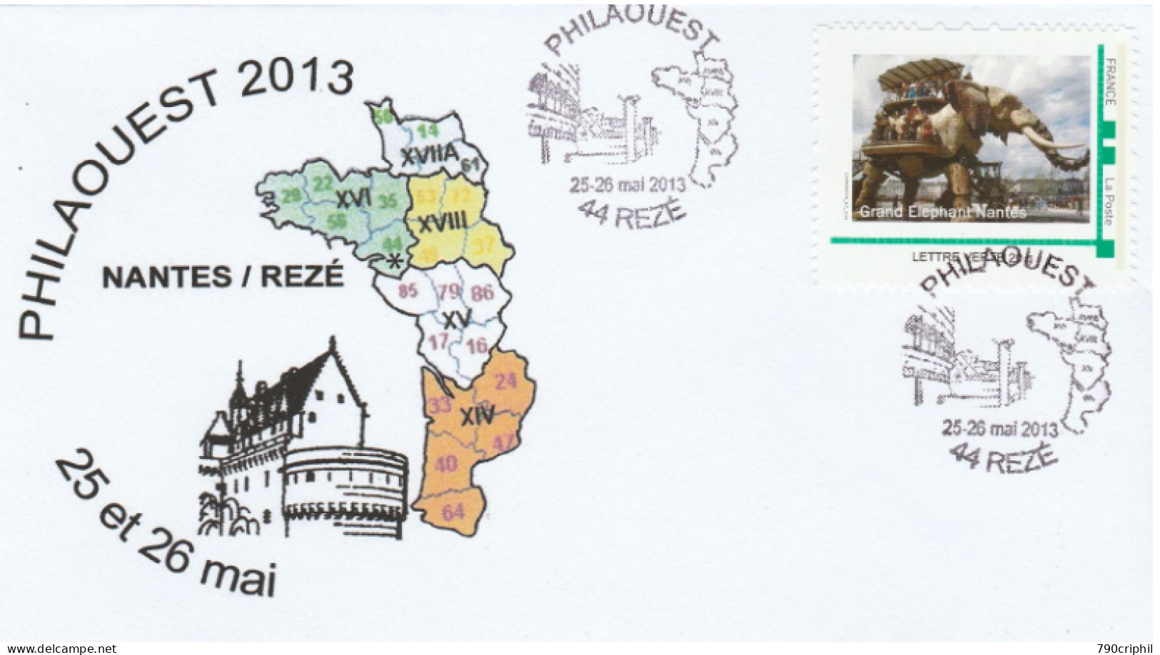 PHILAOUEST 2013 REZE MONTIMBRAMOI GRAND ELEPHANT NANTES SUR ENVELOPPE ENTIERE - Used Stamps