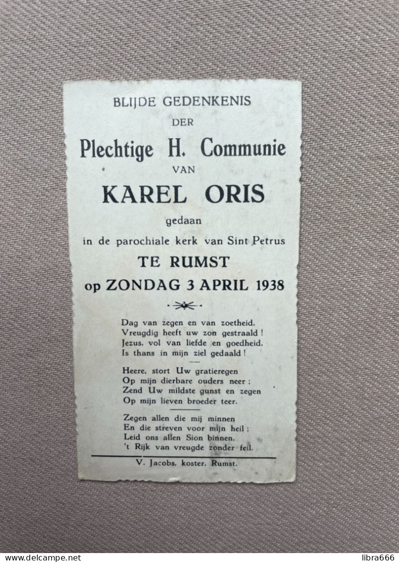 Communie - ORIS Karel - 1938 - Sint Petrus - RUMST - Comunión Y Confirmación