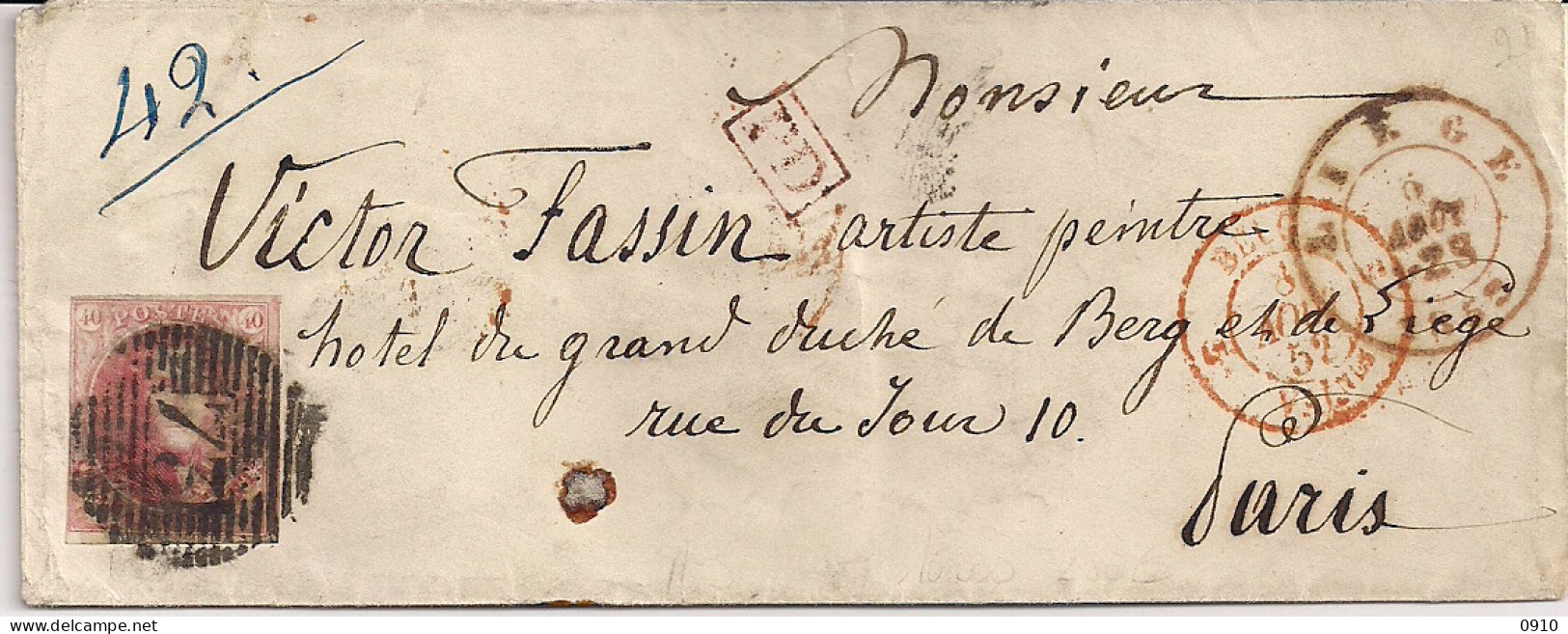 BRIEF P 73 LIEGE-N°5 MOOI GERAND-6 AOUT 1852-BESTEMMING PARIJS-LAATTIJDIG GEBRUIK - - 1849-1850 Medaillons (3/5)