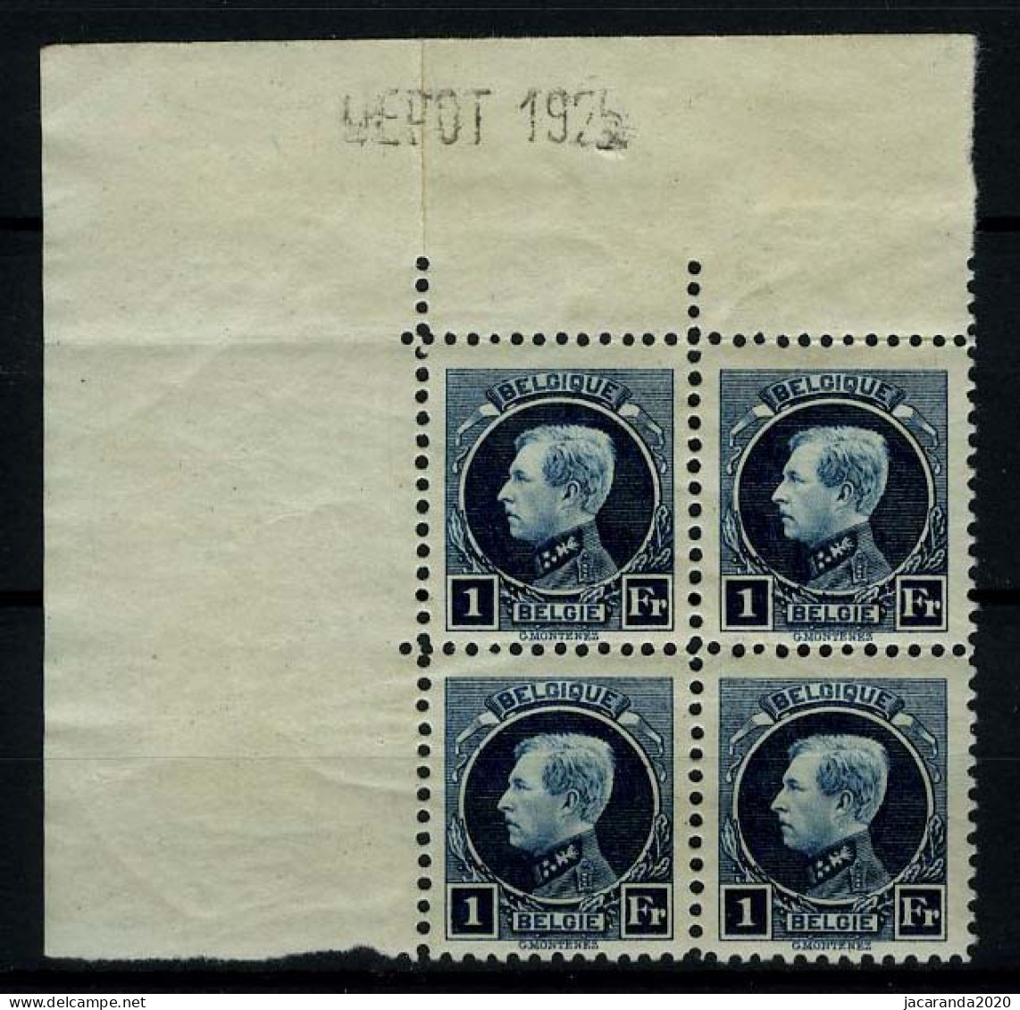 België 215 ** - Koning Albert I - Blok Van 4 Met Hoekbladboord - DEPOT 1925 - 1921-1925 Piccolo Montenez