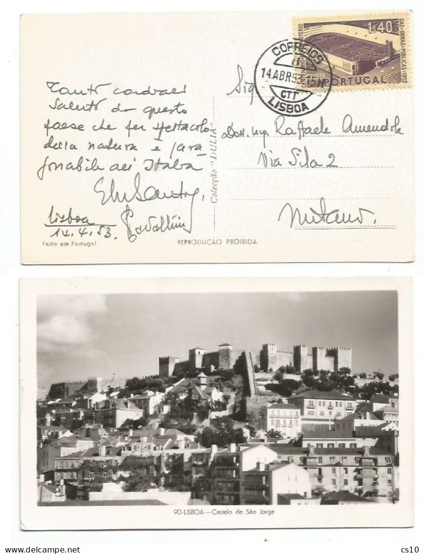 Portugal Estadio Stadium Braga 1$40 Key Value Solo Franking AirmailPcard Lisboa 14apr1953 To Italy - Postmark Collection