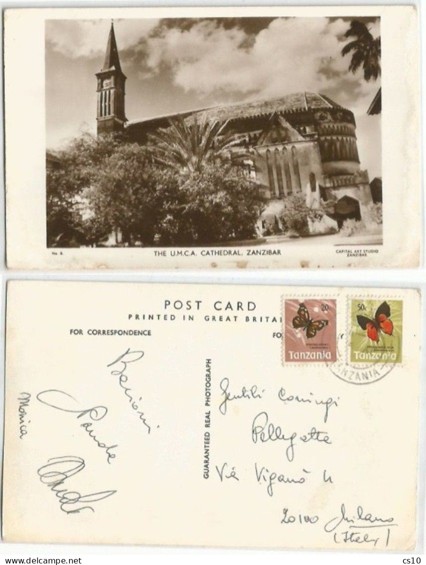 Tanzania Zanzibar U.M.C.A Cathedral B/w AirmailPPC 4apr1974 With 2 Buitterflies Stamps - Tanzanie