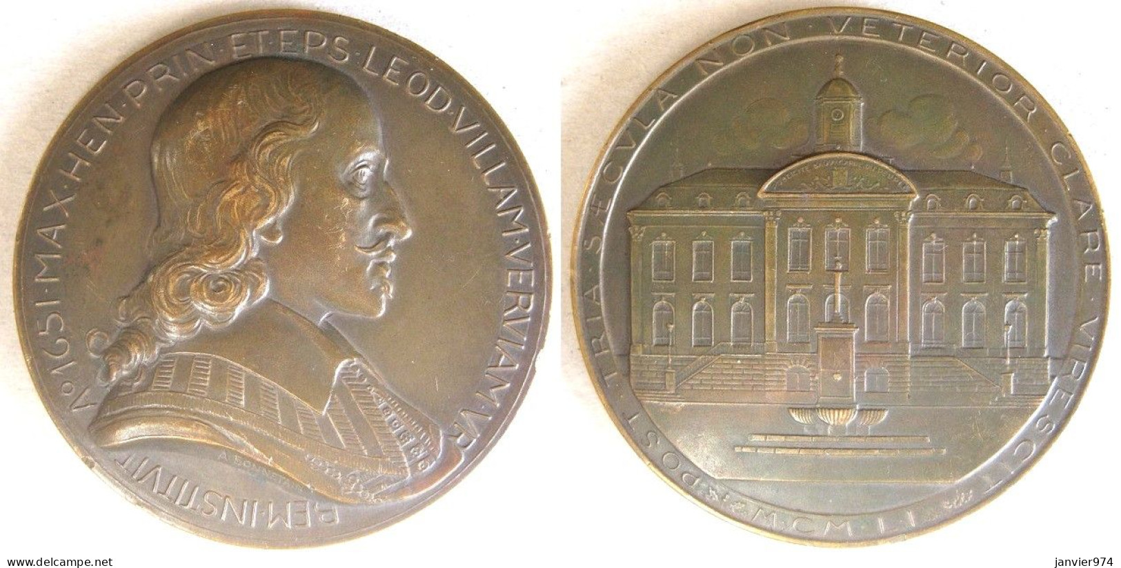 Médaille En Bronze Liège 1951. Hôtel De Ville De Verviers . Maximilien-Henri De Bavière , Par Bonnetain - Sonstige & Ohne Zuordnung