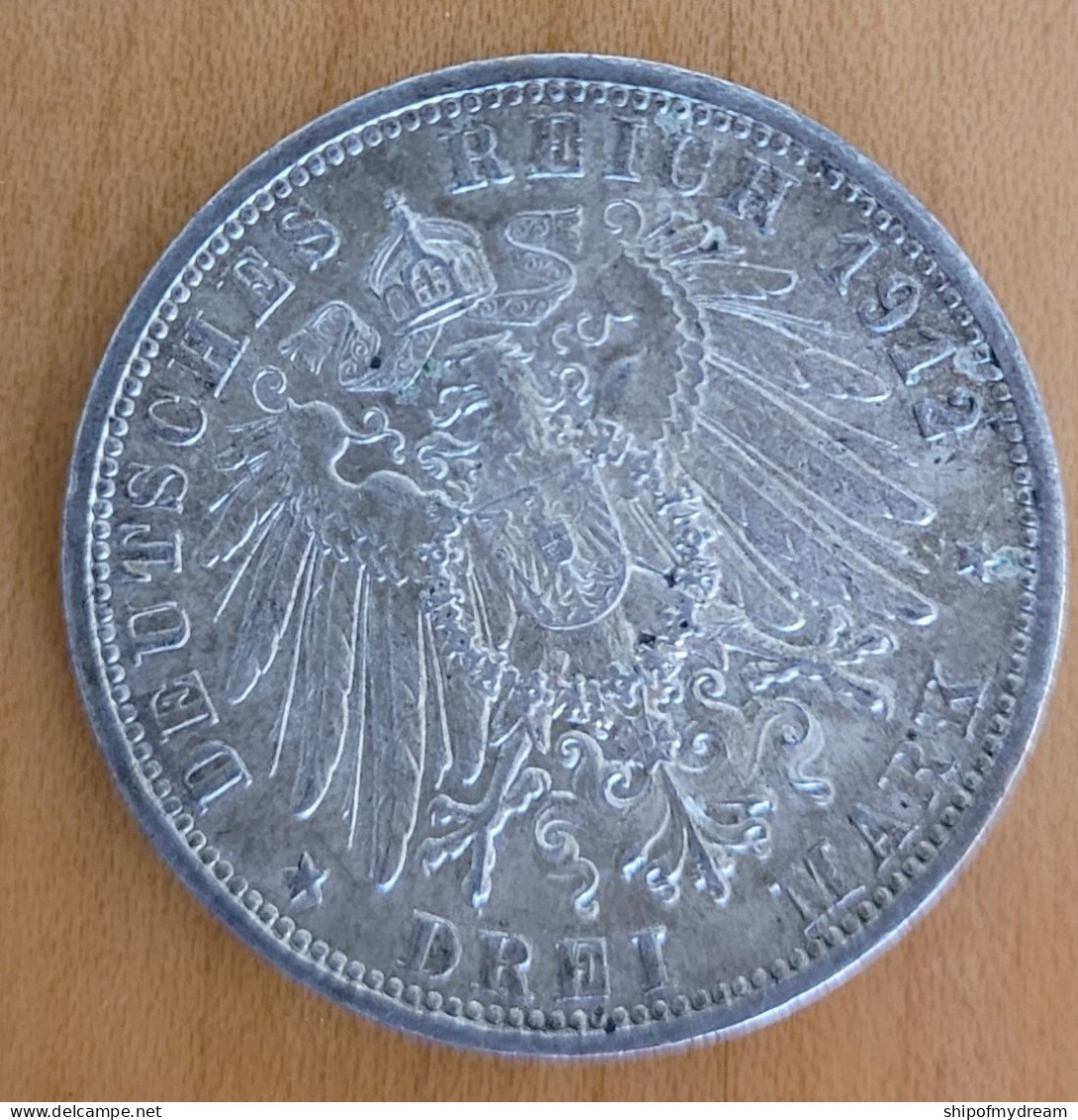 Germany, Wurttemberg Silver 3 Mark 1912. KM-635. High Grade. - 2, 3 & 5 Mark Plata