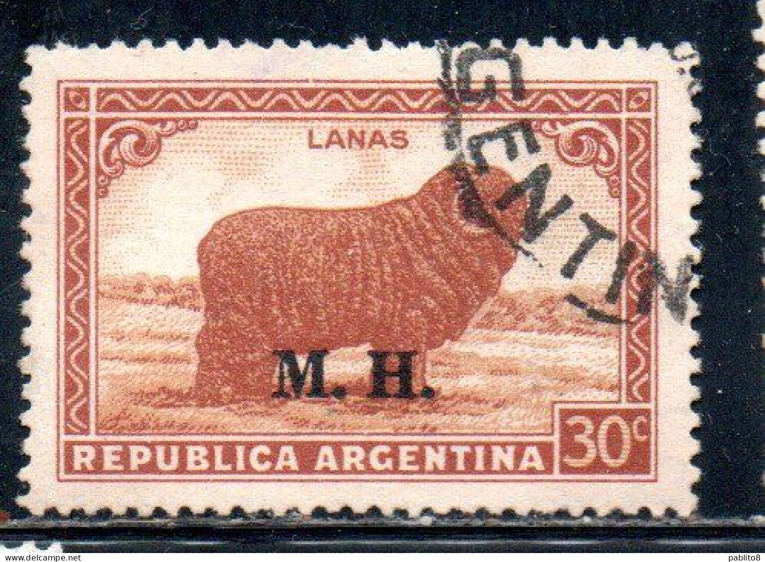 ARGENTINA 1935 1937 OFFICIAL DEPARTMENT STAMP OVERPRINTED M.H. MINISTRY OF FINANCE MH 30c USED USADO - Dienstmarken