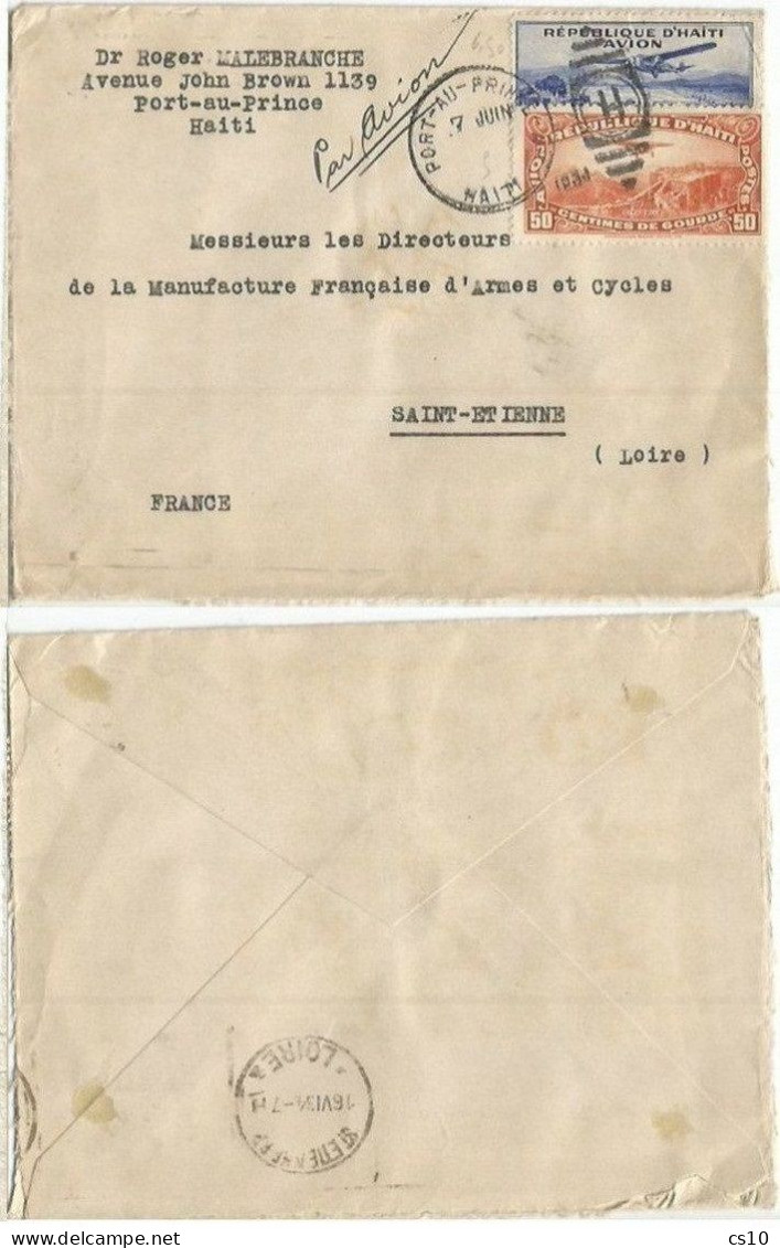 Haiti Commerce AirmailCV PaP 7jun1934 To France With 2 Airpost Stamps - Haiti