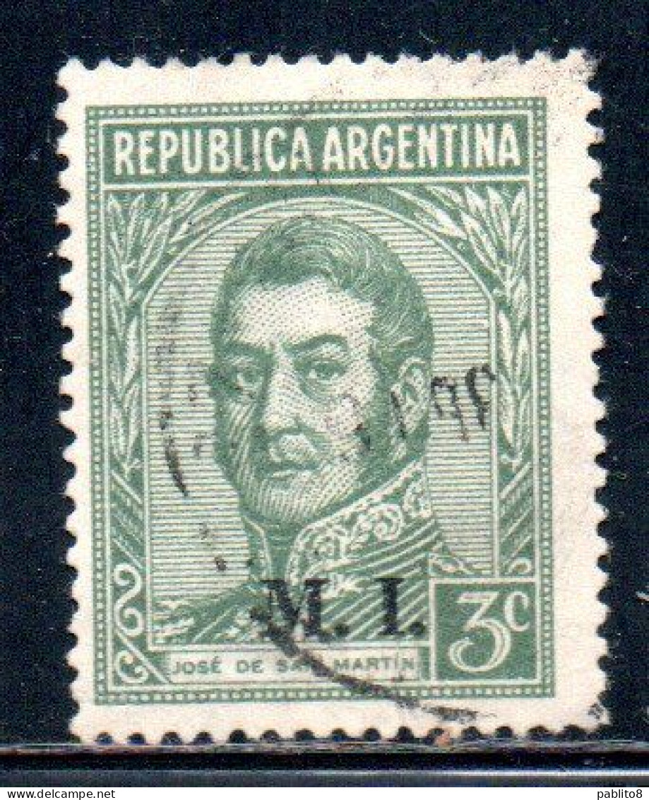 ARGENTINA 1935 1937 OFFICIAL DEPARTMENT STAMP OVERPRINTED M.I. MINISTRY OF INTERIOR MI 3c USED USADO - Dienstmarken