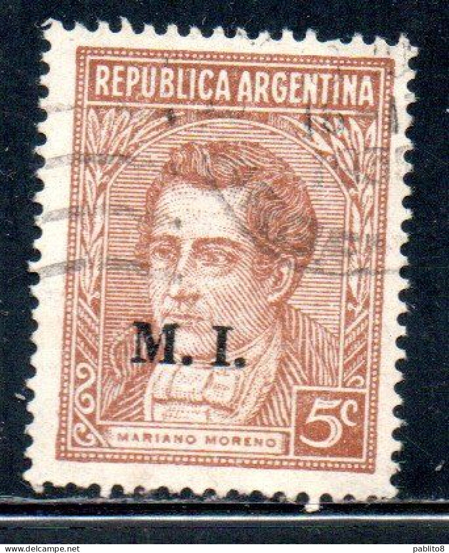 ARGENTINA 1935 1937 OFFICIAL DEPARTMENT STAMP OVERPRINTED M.I. MINISTRY OF INTERIOR MI 5c USED USADO - Dienstmarken