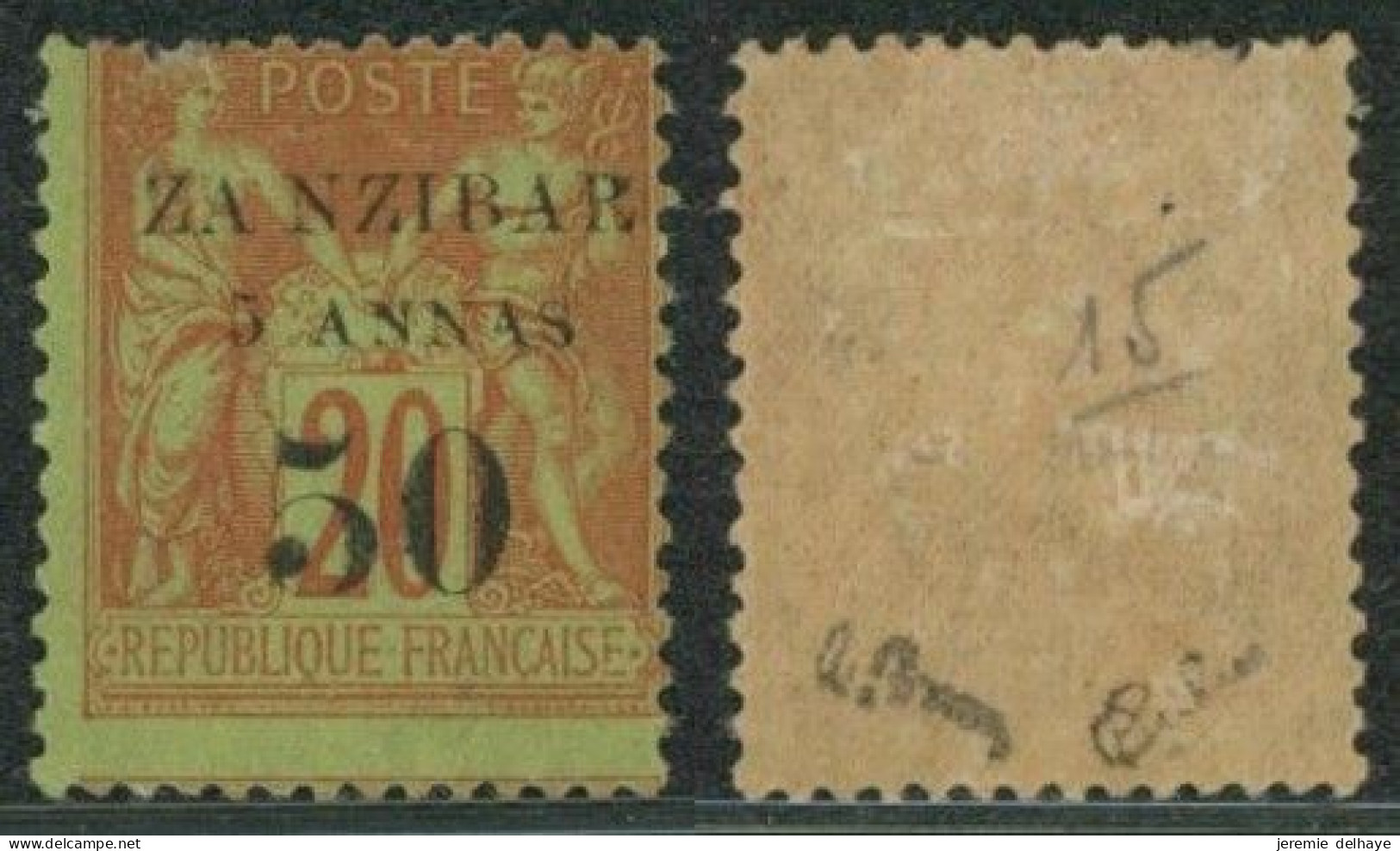 Colonies Françaises - Zanzibar : Yv N°15* Neuf Charniéré.  50 Sur 20ctm Signé (calves Et Brun) - Unused Stamps