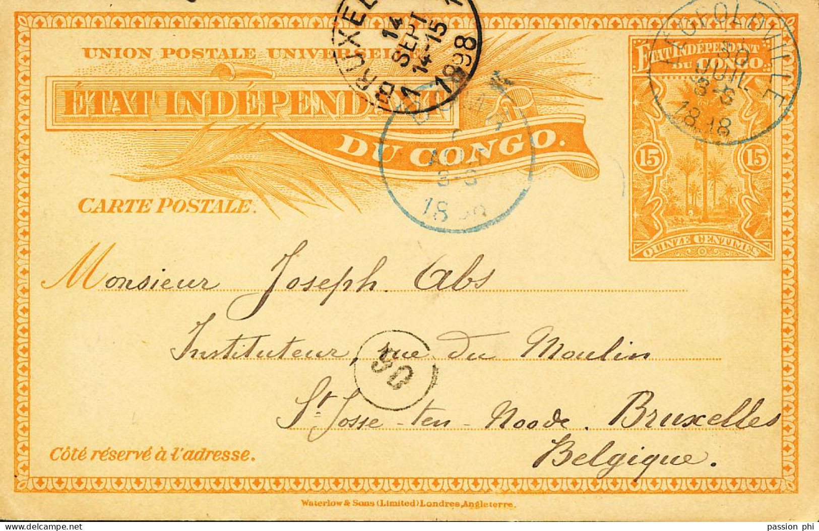 TT BELGIAN CONGO PS SBEP 15 FROM LEO. 30.07.1898 TO ST JOSSE TEN NOODE - Enteros Postales