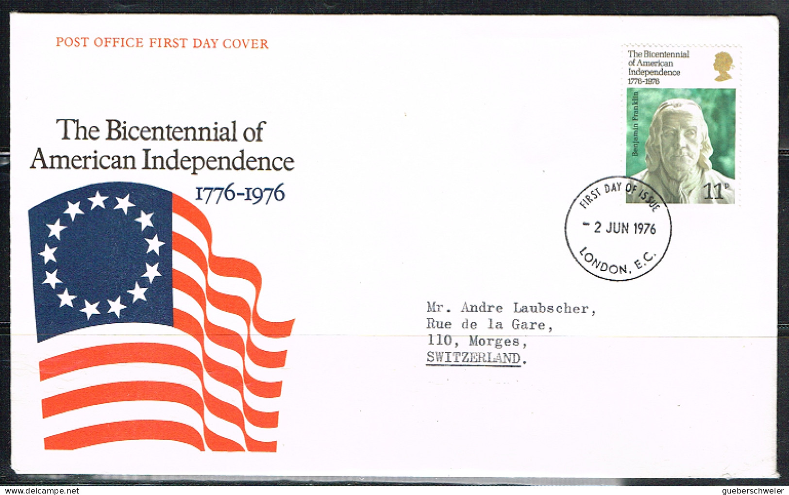 IND L 2 - GRANDE-BRETAGNE N° 794 Benjamin Franklin Sur FDC Pour La Suisse 1976 - 1971-1980 Dezimalausgaben