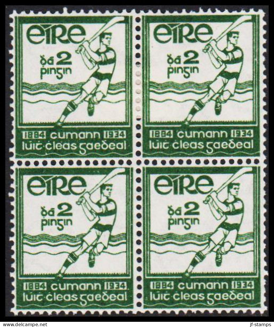 1934. EIRE.  Galic Sport In 4-block With 2 Stamps Never Hinged And 2 Stamps Hinged. (Michel 61) - JF542275 - Neufs