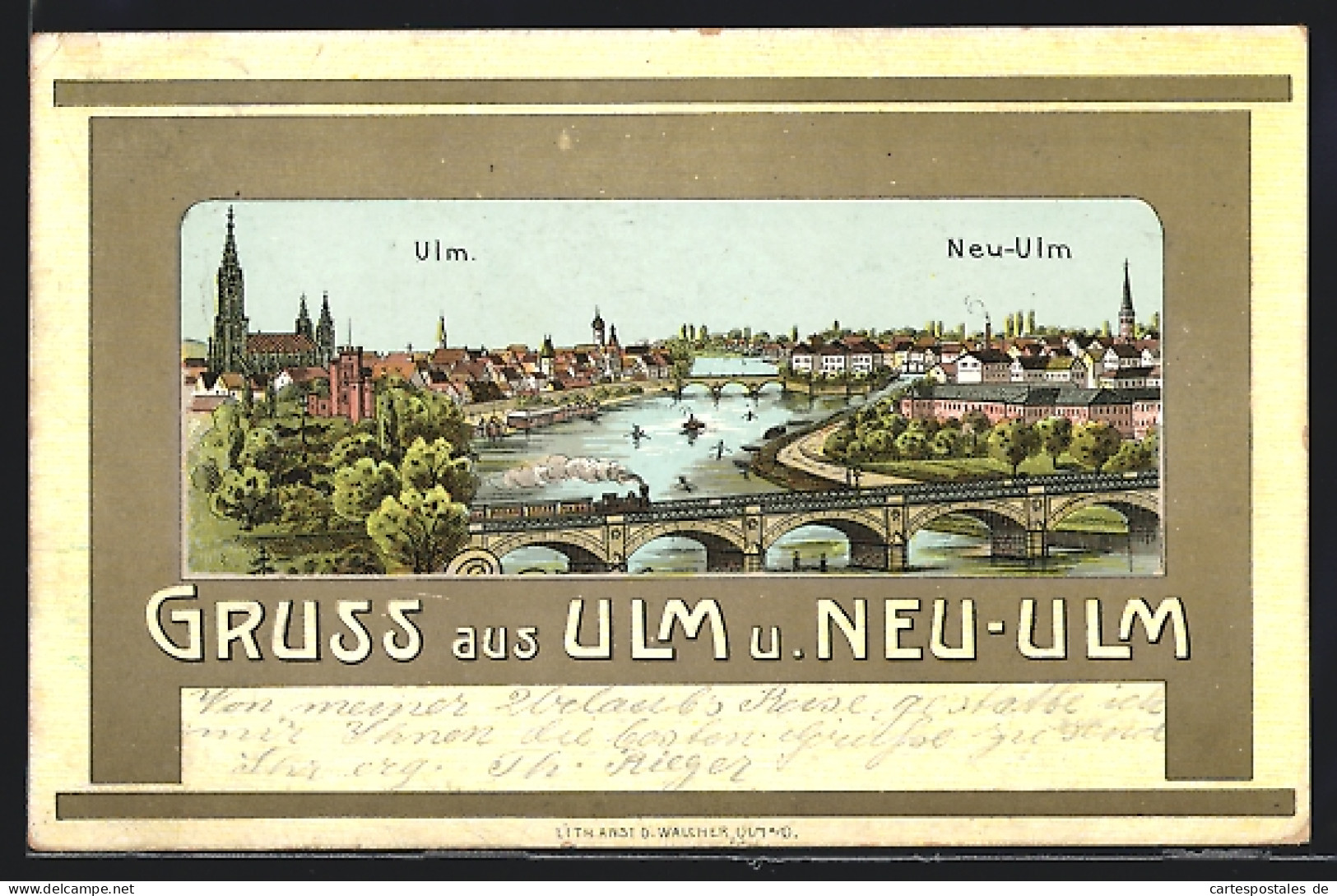 Lithographie Neu-Ulm, Blick Auf Die Stadt Und Ulm  - Neu-Ulm