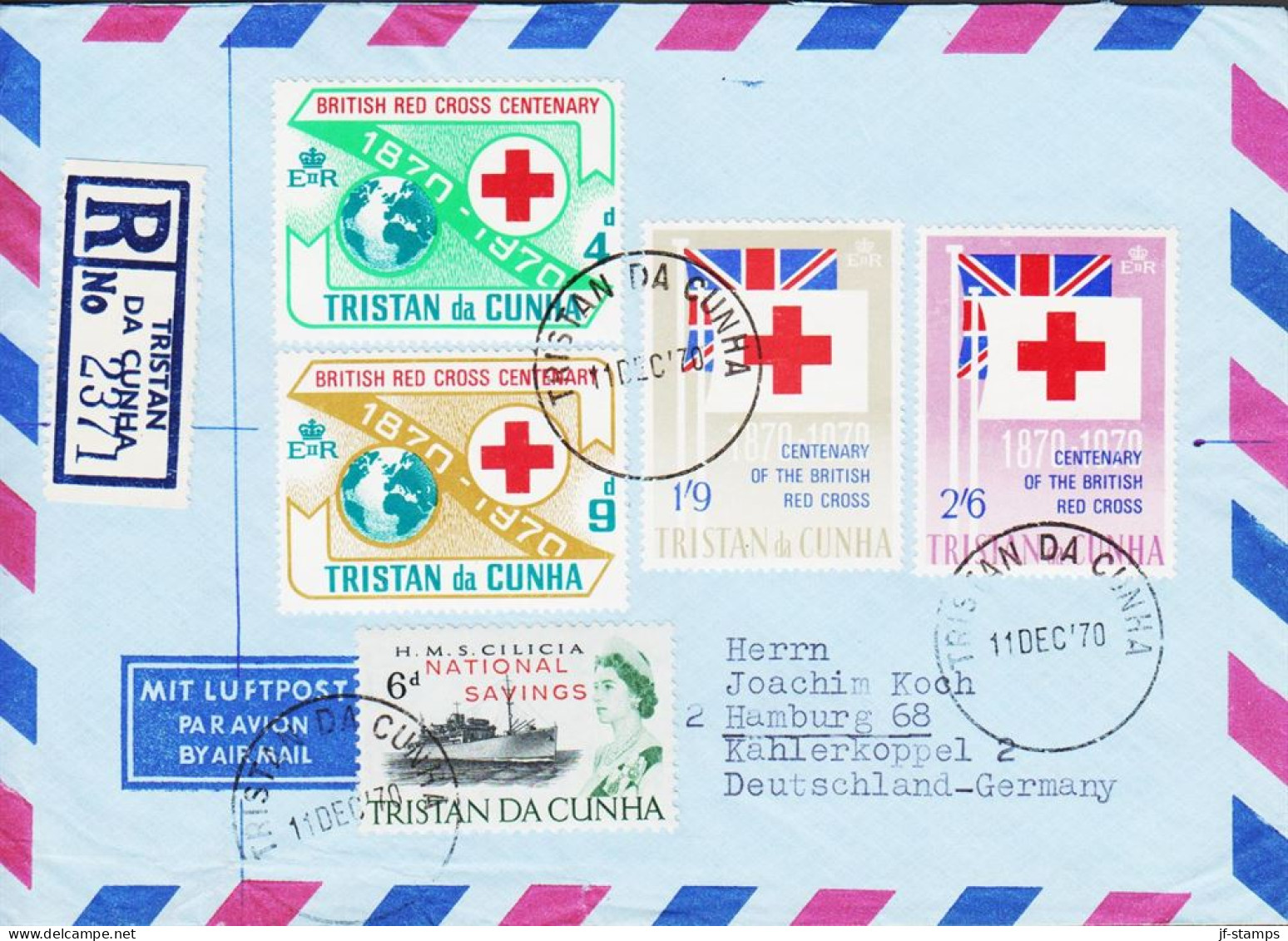 1970. TRISTAN Da CUNHA. Beautifulregistered AIR MAIL Cover To Germany With Red Cross In C... (Michel 133-136) - JF544427 - Tristan Da Cunha