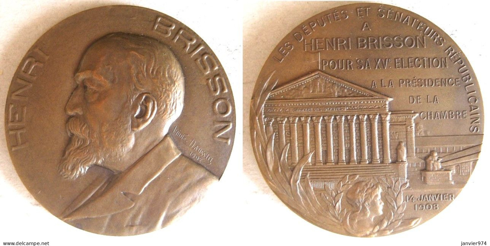 Médaille En Bronze Henri Brisson,  Président De La Chambre Des Députés 1908, Par E. Daussin - Altri & Non Classificati