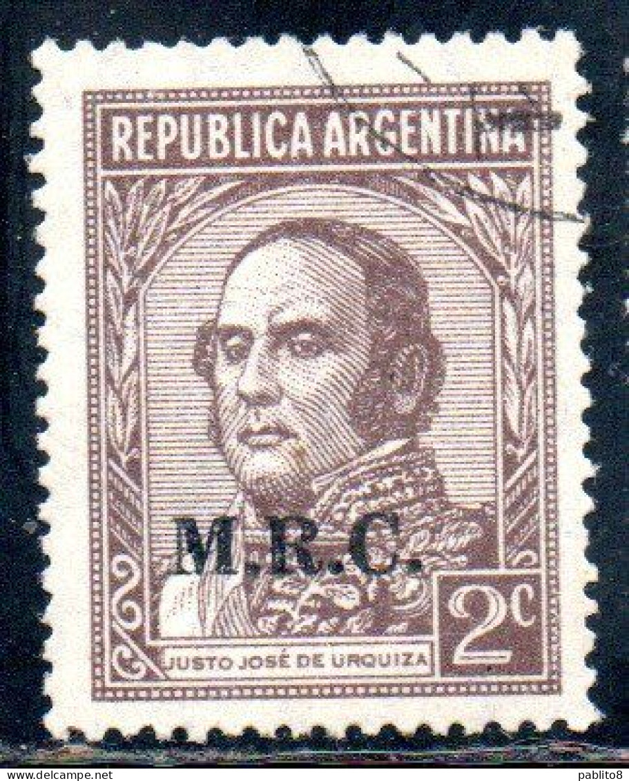 ARGENTINA 1935 1937 OFFICIAL DEPARTMENT STAMP OVERPRINTED M.R.C. MINISTRY OF FOREIGN AFFAIRS RELIGION MRC 2c USED USADO - Servizio