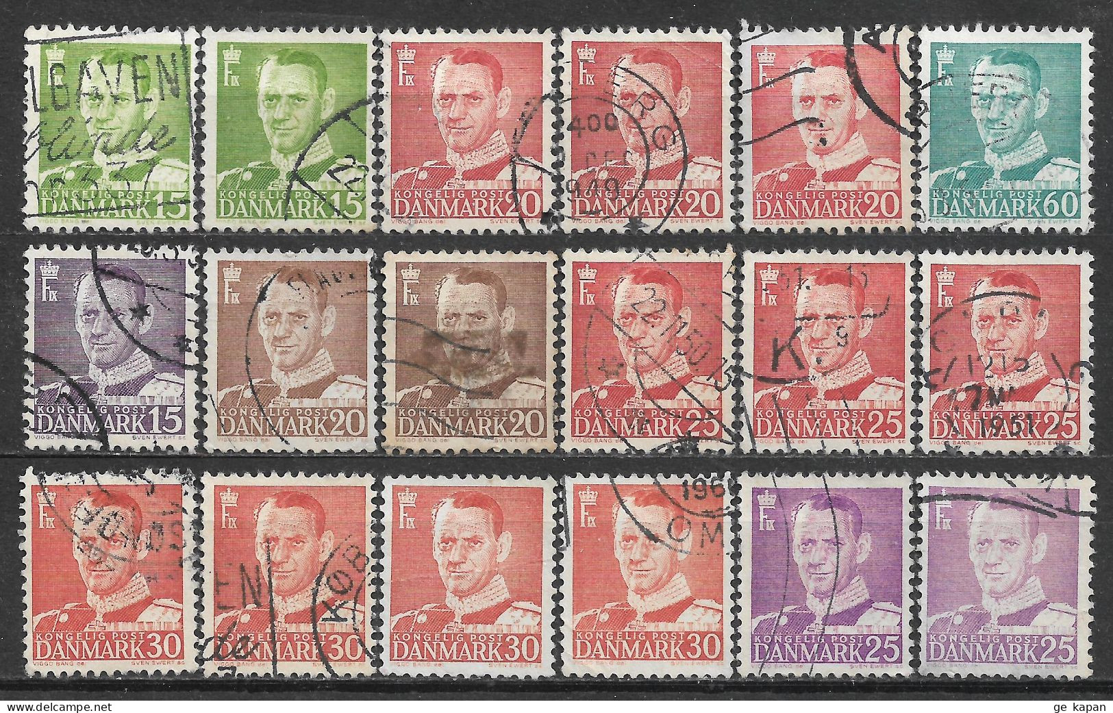 1948-1955 DENMARK 18 USED STAMPS (Scott # 306,307,313,319-321,335,354) SCV $3.60 - Oblitérés