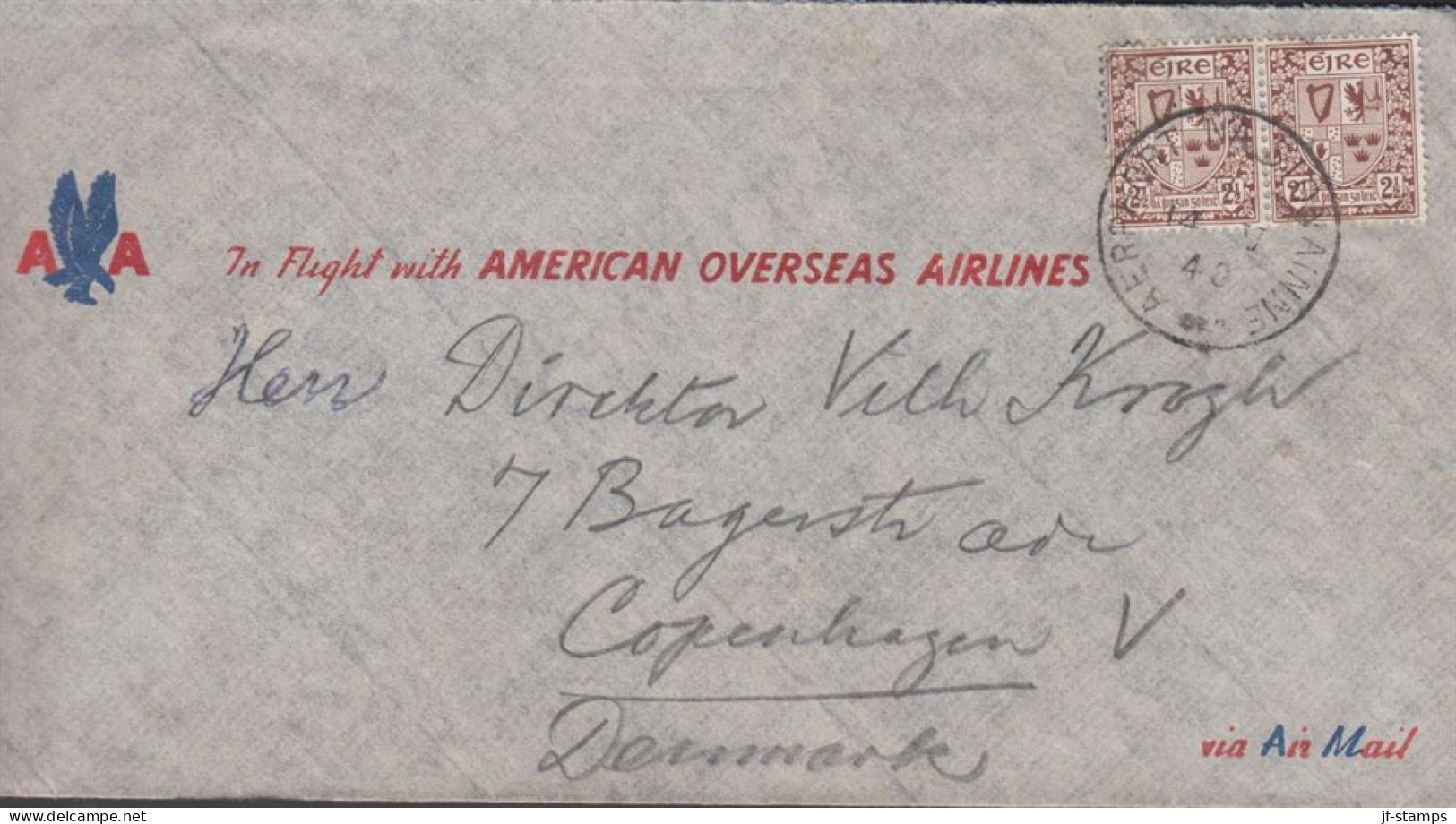 1948. EIRE. Pair 2½ Pg On Cover AA In Flight With AMERICAN OVERSEAS AIRLINES To Denmark Cancel... (Michel 75) - JF432288 - Brieven En Documenten