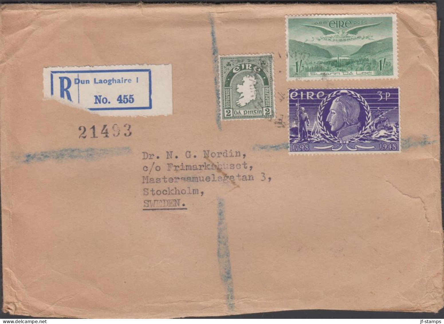 1949. EIRE. 1 Sh AIR MAIL + 2 + Theobald Wolfe Tone 3 P On Registered Cover (tear) To Sweden... (Michel 101+) - JF432466 - Lettres & Documents