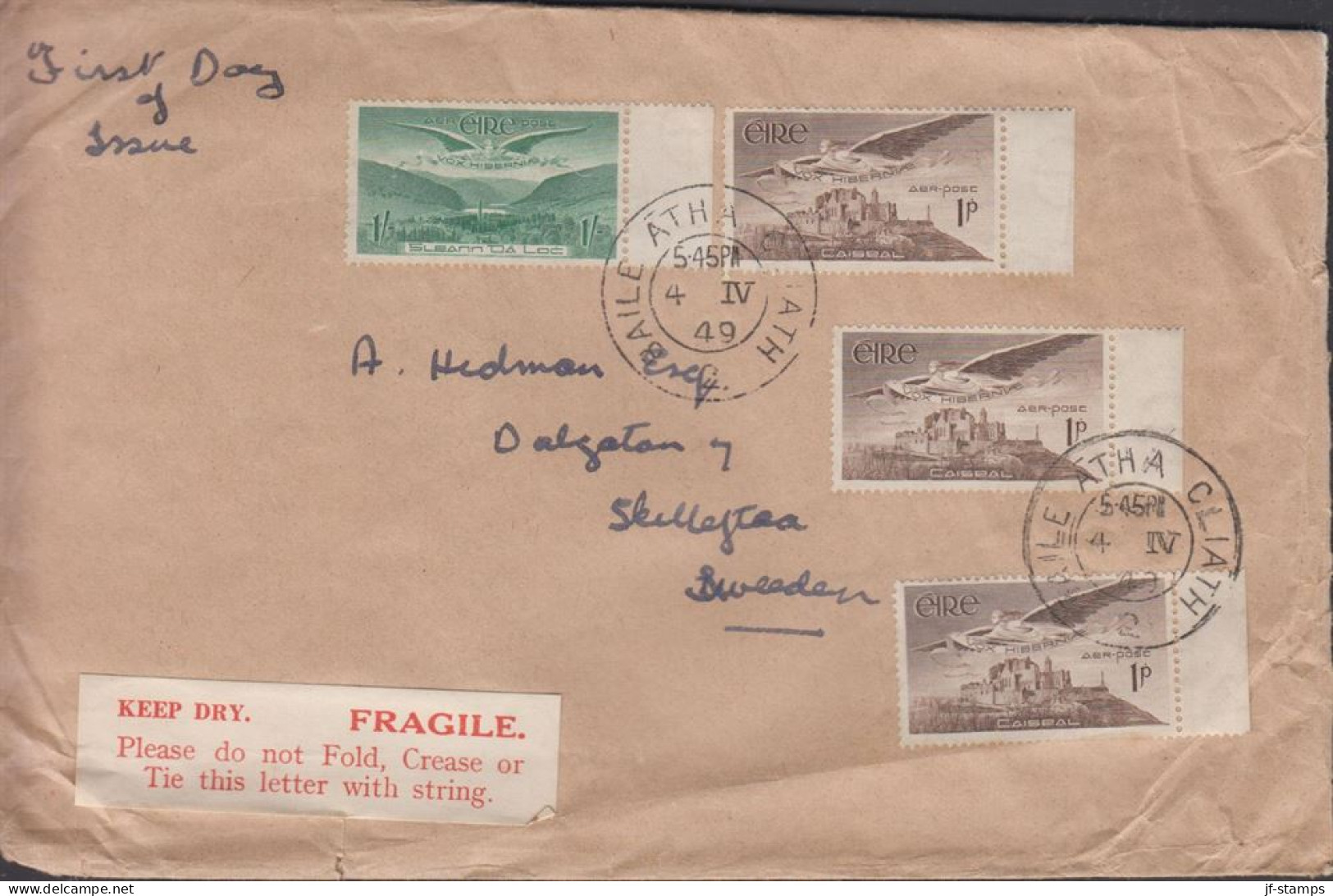 1949. EIRE. 3 Ex 1 P + 1 Sh AIR MAIL On Cover To Sweden Cancelled BAILE ATHA CLIATH 4 IV 49.... (Michel 102+) - JF432467 - Storia Postale