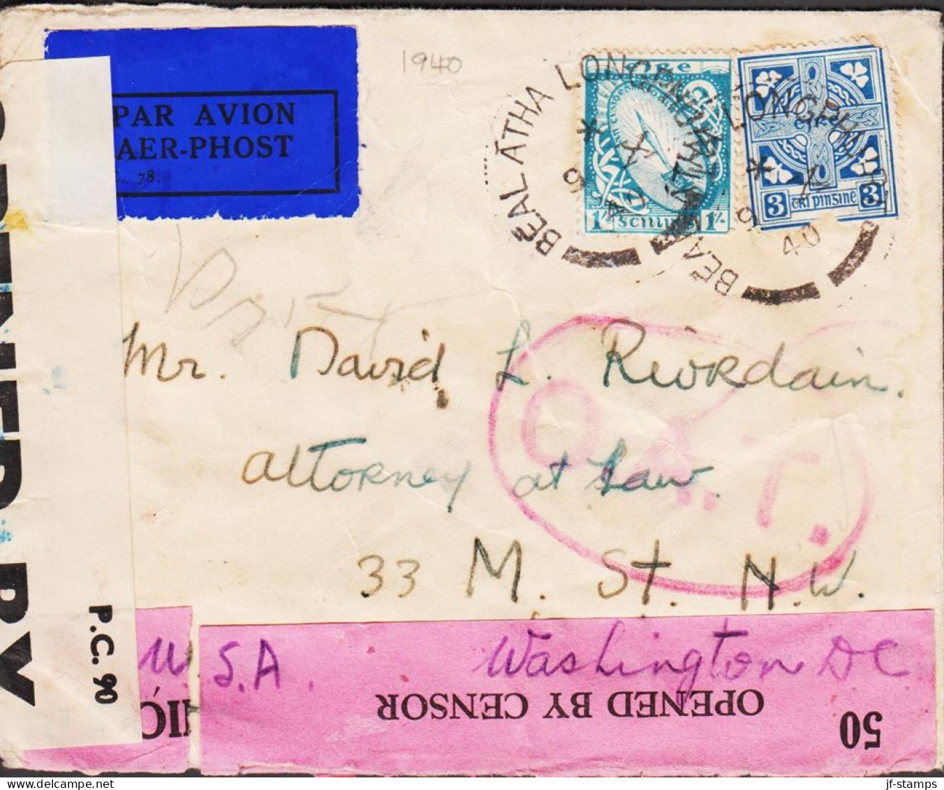 1940. EIRE.  NATIONAL SYMBOLS  3 Pg And 1/- On Very Unusual Small Double Censored PAR AVION O... (Michel 82+) - JF542662 - Briefe U. Dokumente