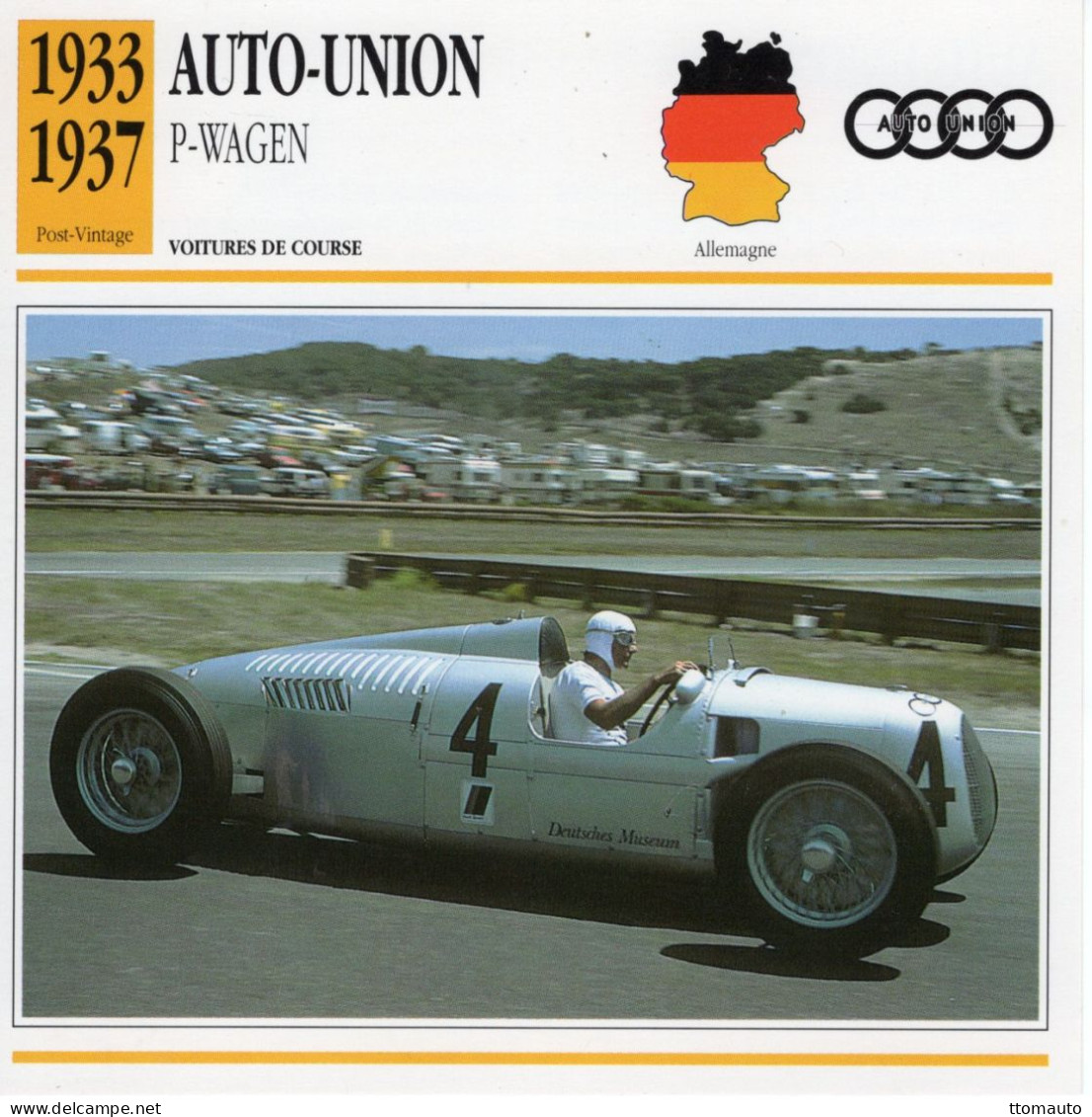 Fiche  -  Formula 1 Grand Prix Cars  -  Auto-Union P-Wagen  (1933)  -  Carte De Collection - Auto's