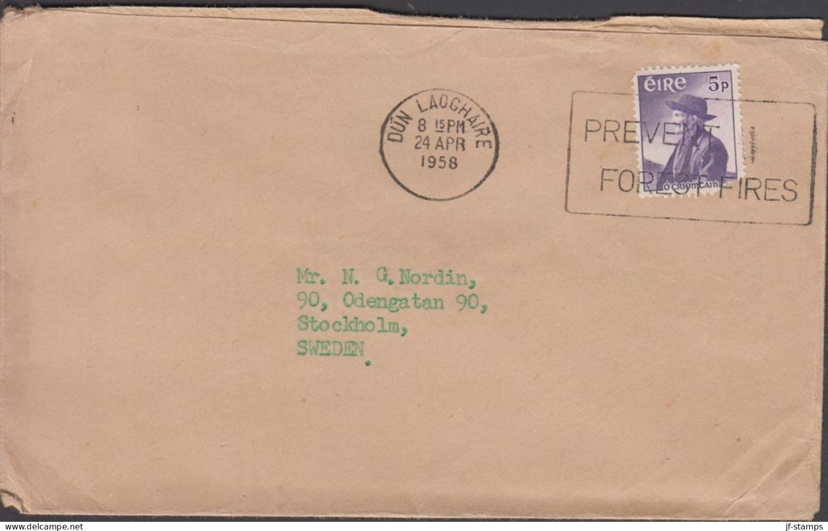 1958. EIRE. Thomas O'Crohan 5 P. (defect) On Cover To Sweden Maschine Cancelled DUN LAOGHAIRE... (Michel 131) - JF432462 - Cartas & Documentos