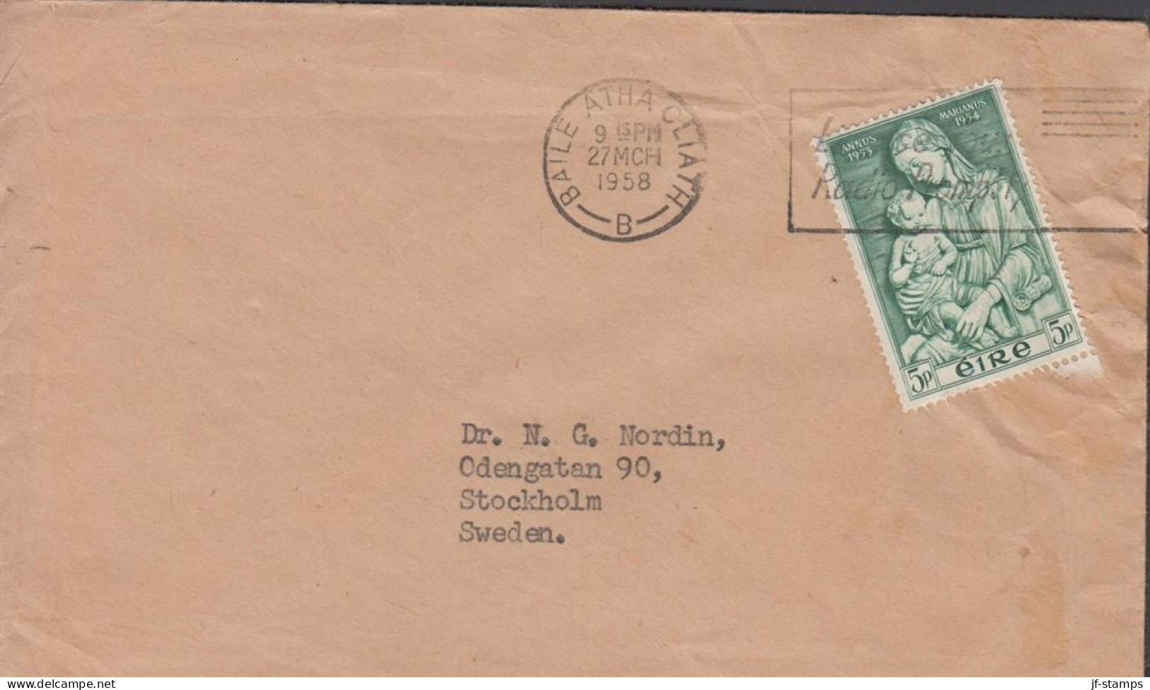 1958. EIRE. Maria ANNUS MARIANUS 5 P. On Cover To Sweden Maschine Cancelled BAILE ATHA CLIATH... (Michel 121) - JF432463 - Briefe U. Dokumente