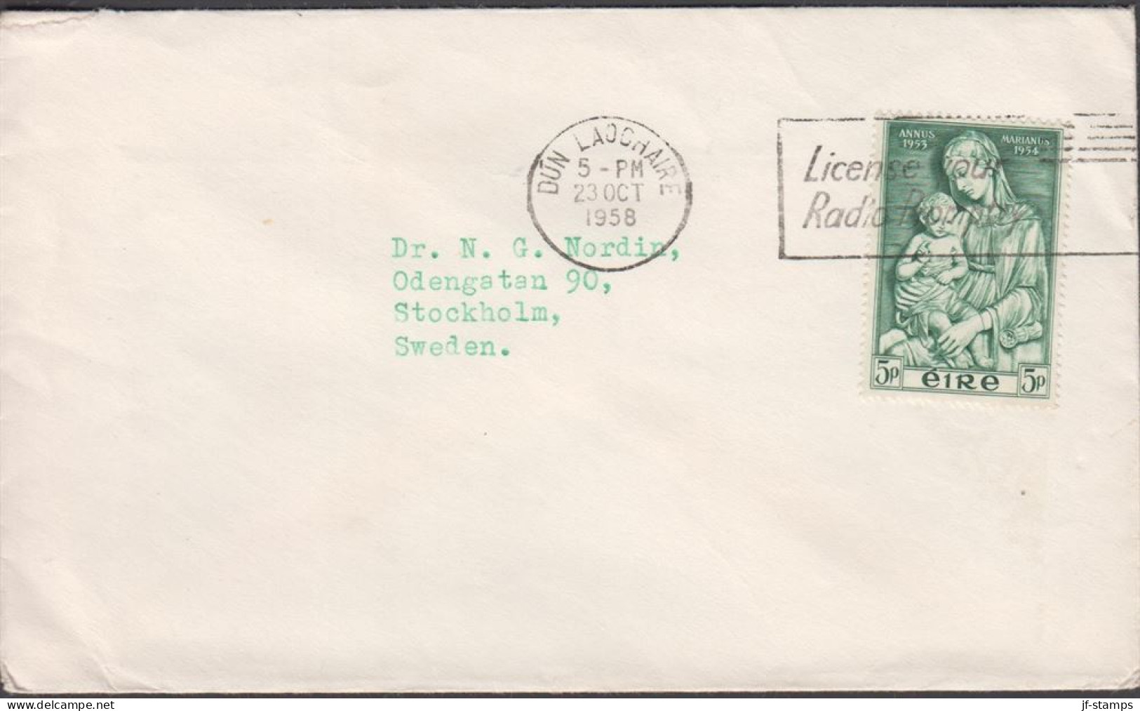 1958. EIRE. Maria ANNUS MARIANUS 5 P. On Cover To Sweden Maschine Cancelled DUN LAOGHAIRE 23 ... (Michel 121) - JF432464 - Cartas & Documentos