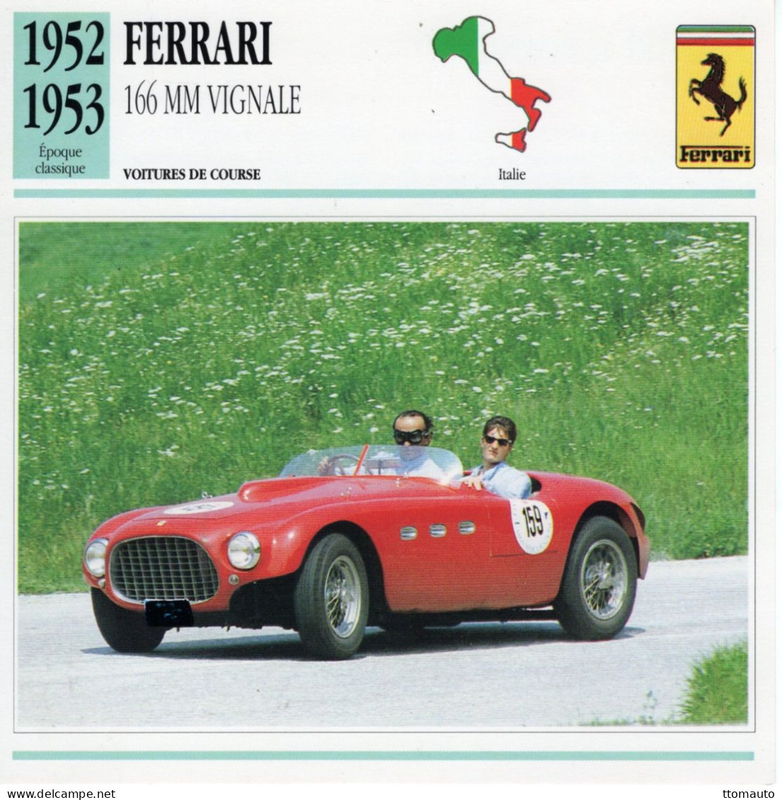 Fiche  -  Voiture De Course  -  Ferrari 166MM Vignale Barquette  (1952)  -  Carte De Collection - Auto's
