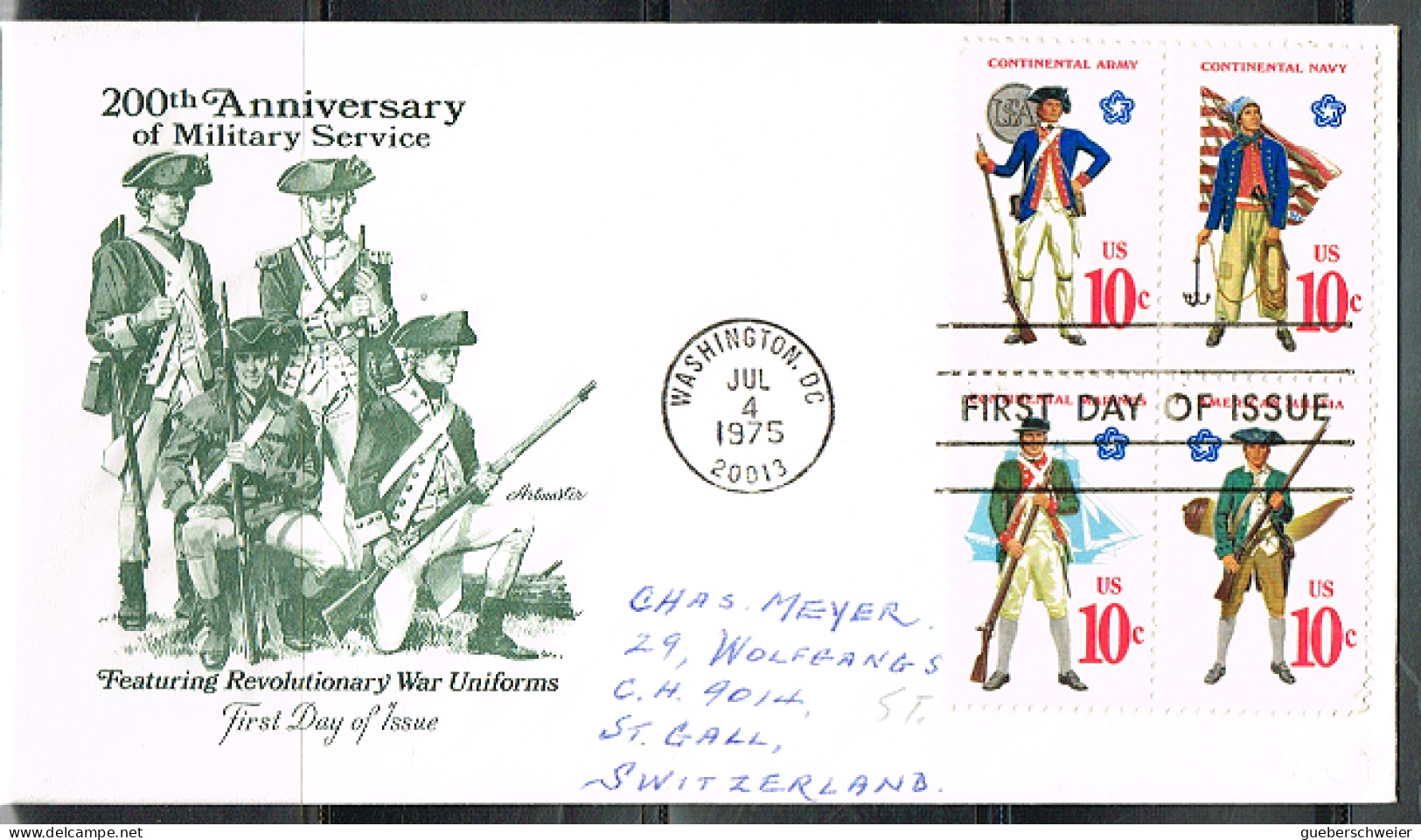 IND L 4 - ETATS-UNIS N° 1055/58 Uniformes Militaires En Bloc De 4 Sur FDC Pour La Suisse - 1971-1980