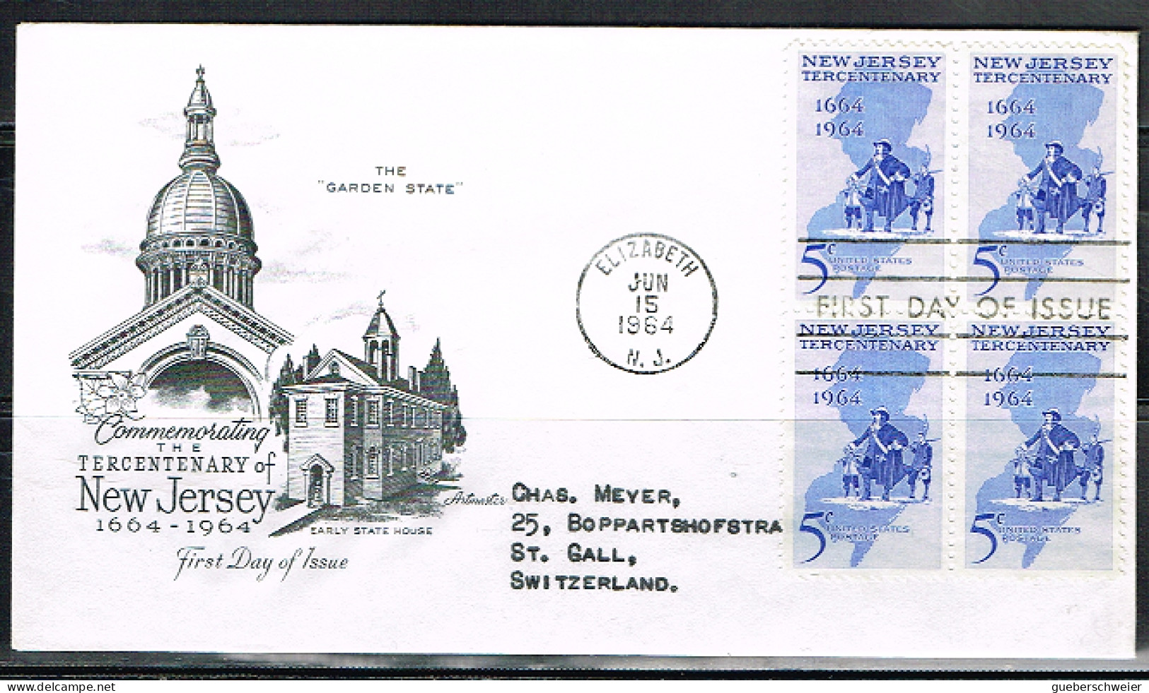 IND L 5 - ETATS-UNIS N° 763 Bloc De 4 New Jersey Sur FDC Pour La Suisse - 1961-1970