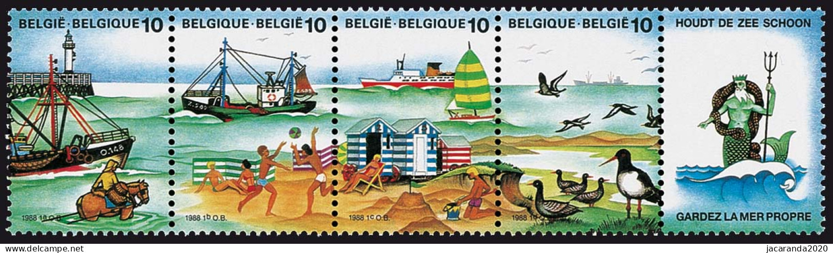 België 2276B - De Zee - La Mer - Strook Van 4 + Vignet Neptunus - Neptune - Ungebraucht