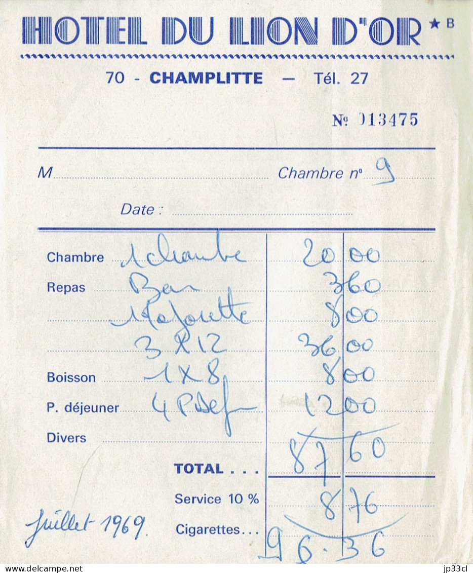 Souvenirs D'un Repas à L'Hôtel Du Lion D'Or à Champlitte (facture + Carte Dépliante) Juillet 1969 - Dépliants Touristiques