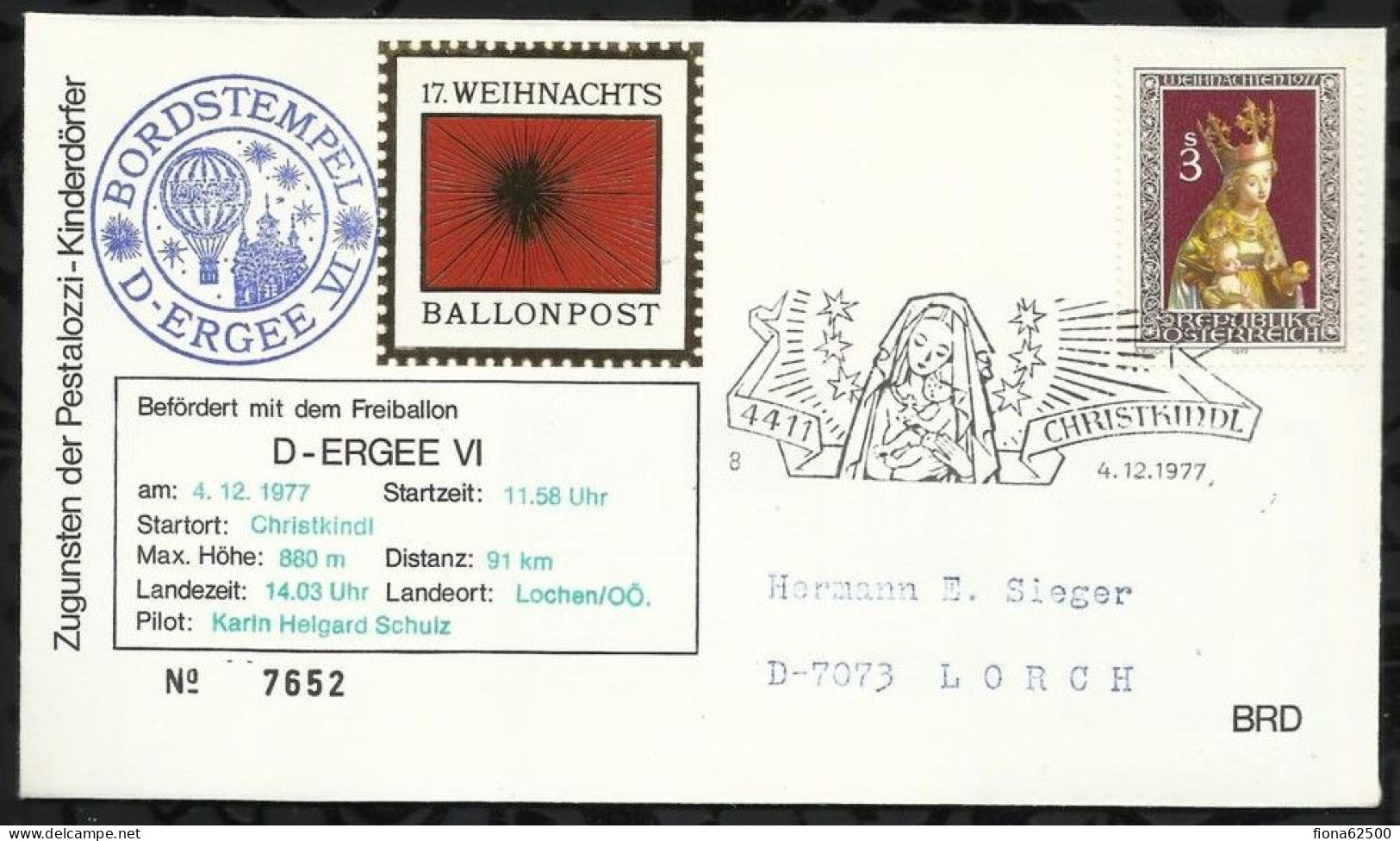 BALLON POST . BORDSTEMPEL . D - ERGEE VI . 4 .12 . 1977 - Fesselballons