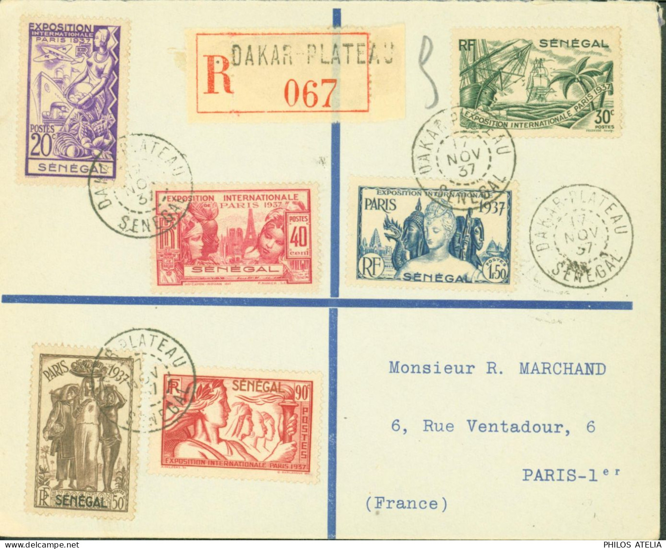 Sénégal Recommandé YT N°138 à 143 Série Exposition Internationale De Paris CAD Dakar Plateau Sénégal 17 NOV 37 - Briefe U. Dokumente