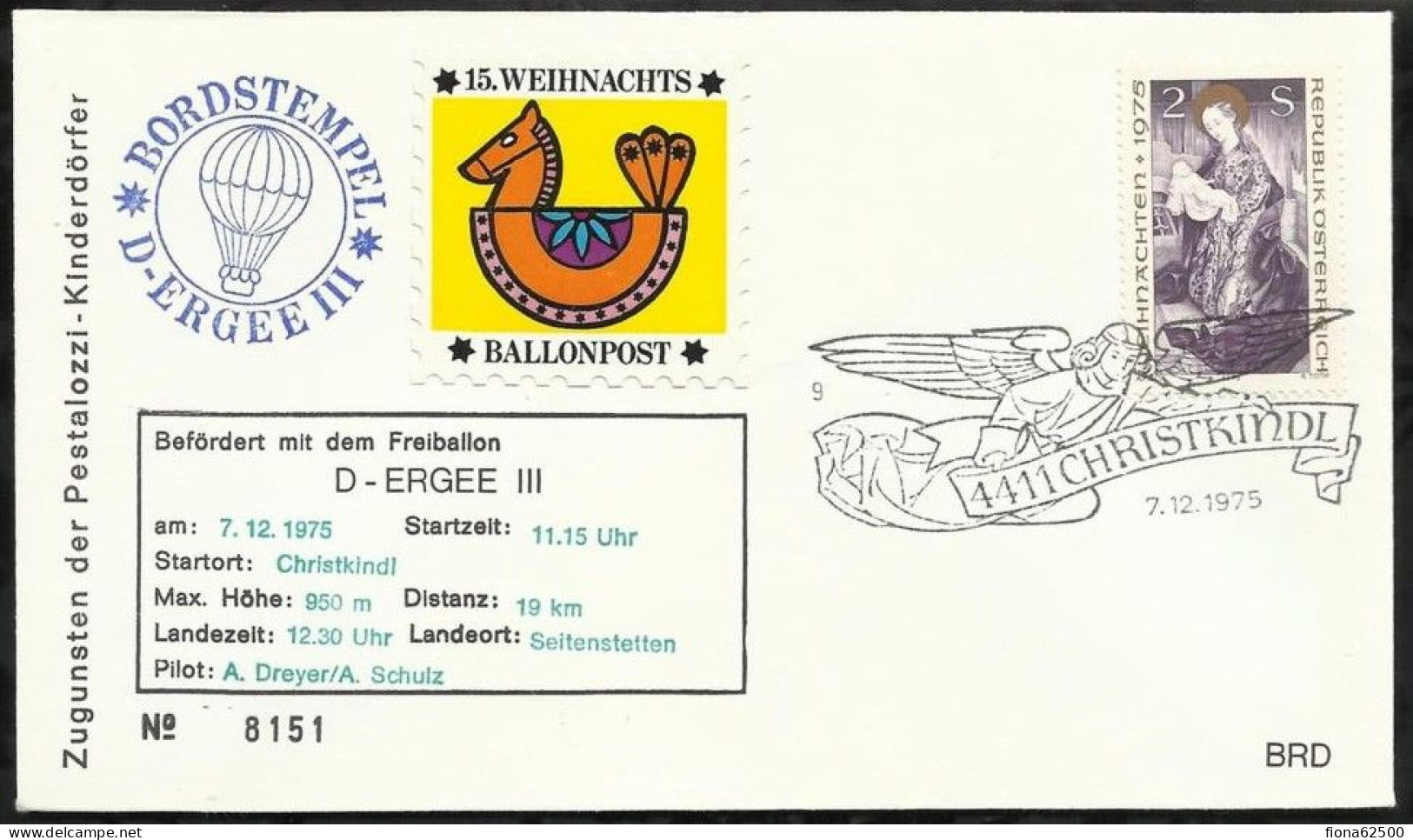 BALLON POST . BORDSTEMPEL . D - ERGEE III . 7 .12 . 1975 - Fesselballons